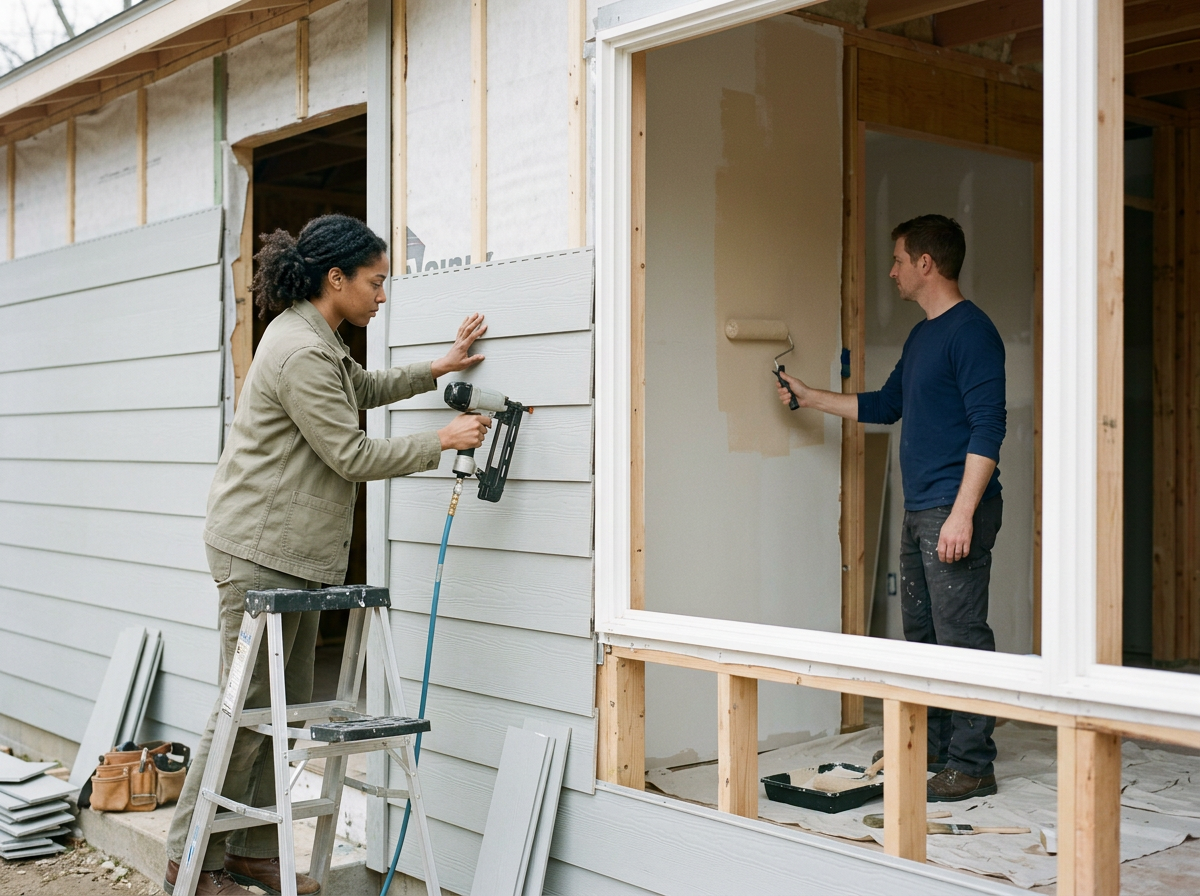 Two people are working on a house under construction, installing siding. One woman is holding a drill and pressing siding onto the wall, while a man inside is painting the interior wall with a roller.