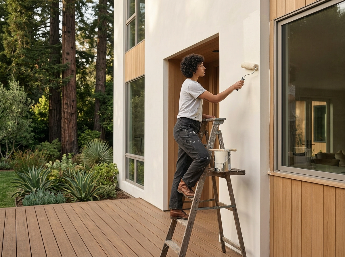 Woman painting the exterior wall of a house with a roller brush while standing on a wooden ladder.