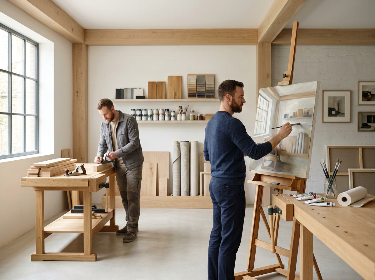 Two men working in a woodworking studio, one sanding wood at a table and the other painting on a canvas, with shelves of paints and wood samples behind them.