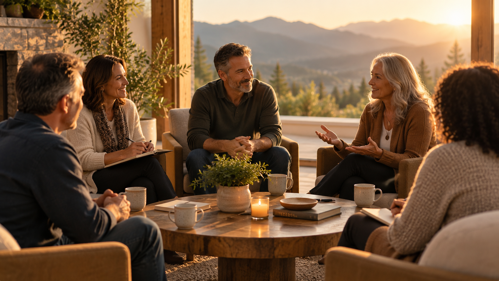 A group of six people having a discussion in a cozy room with large windows showing a mountain landscape at sunset. They are sitting around a round wooden table with cups, a candle, and a potted plant.