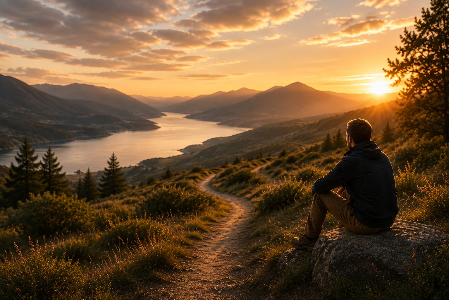 A man sitting on a large rock on a hillside, overlooking a winding river and mountain range during sunset, with a dirt trail in the foreground and trees on the right