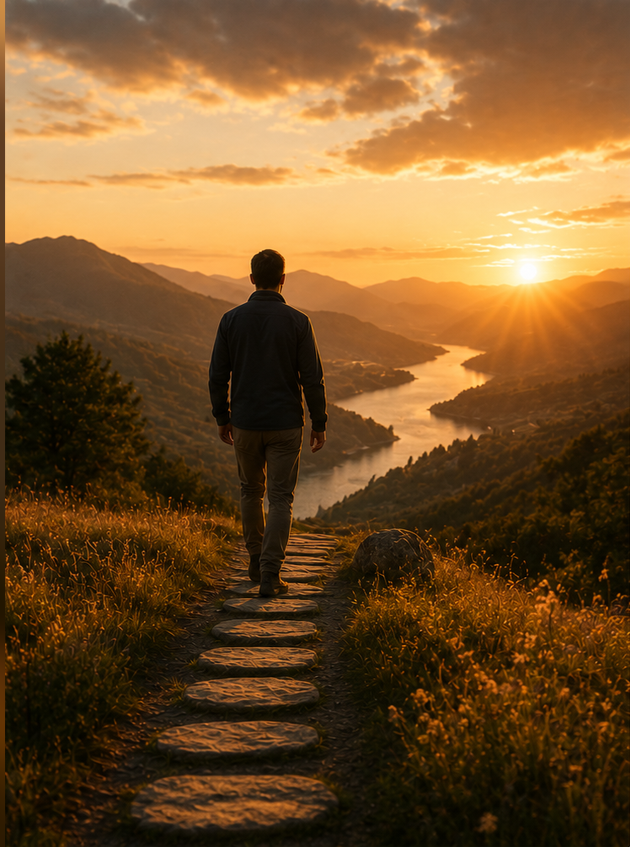 A man walking along a stone path over a hill during sunset, overlooking a river and mountain landscape.