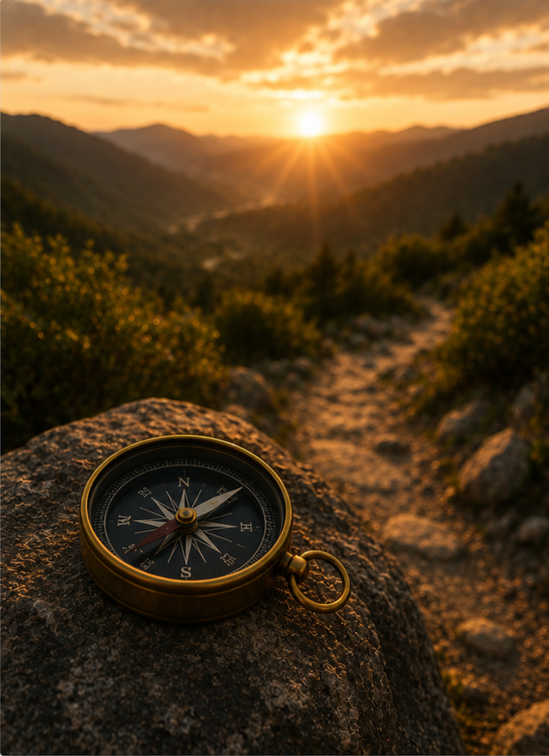 A compass resting on a rock with a scenic mountain trail in the background during sunset.