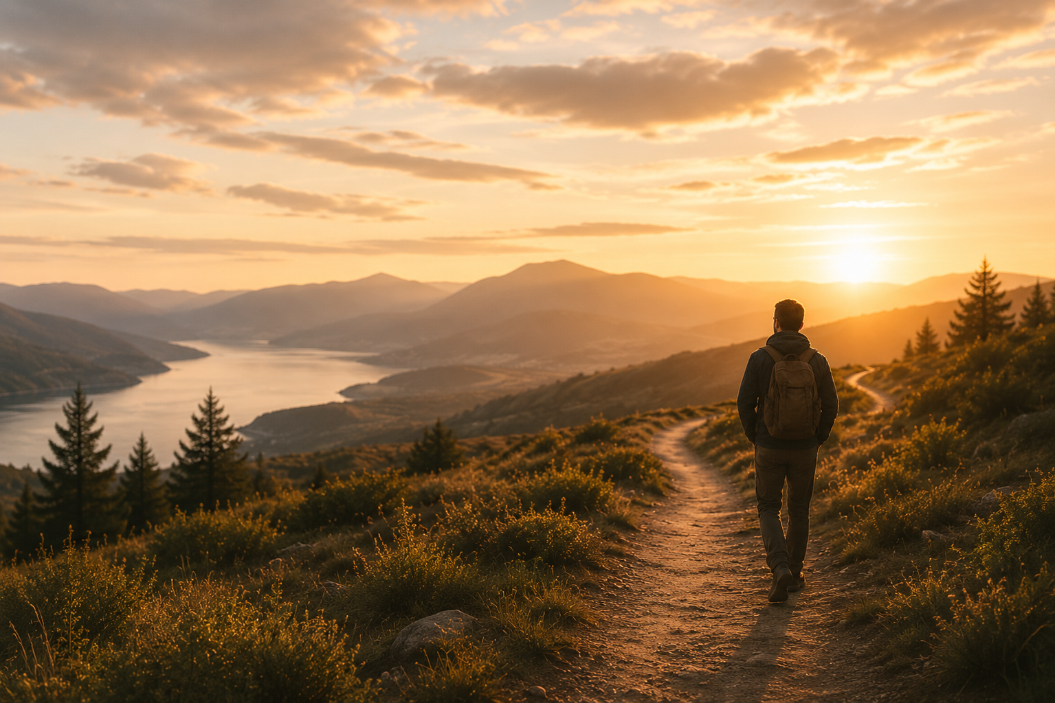 A person with a backpack walking along a dirt trail on a hillside during sunset, overlooking a river and mountains.