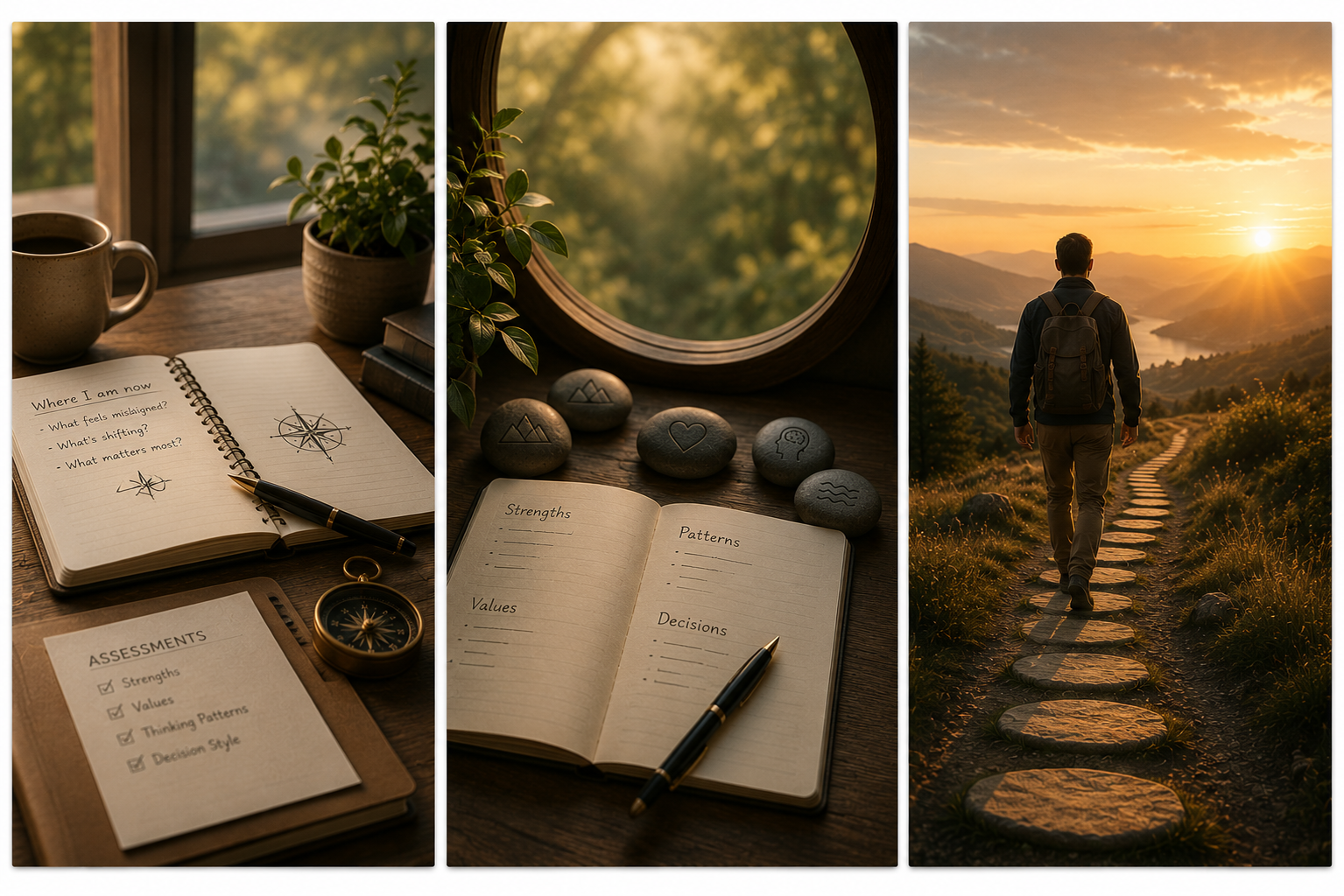 A collage of three images: the first shows a notebook with questions and assessment checklist on a desk with a coffee mug, a potted plant, and a window with sunlight; the second displays a small open notebook, decorative stones with symbols, a mirror, and a plant on a desk; the third features a person walking on a stone trail at sunset in a scenic hilly landscape.
