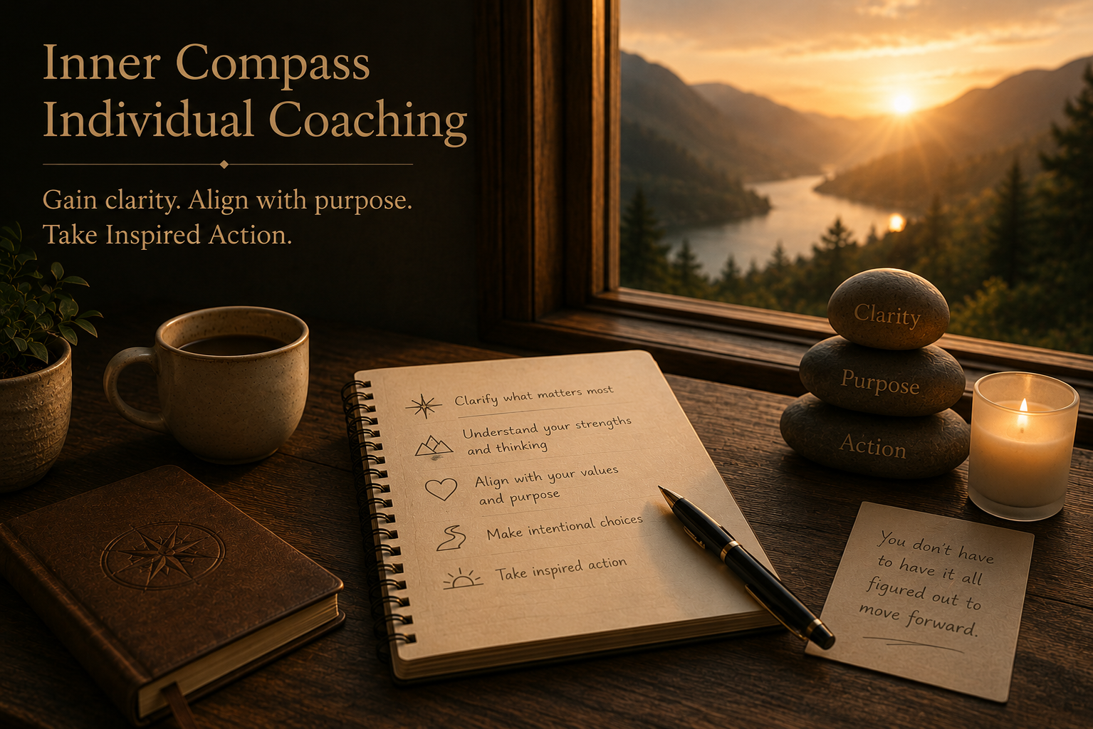 A cozy workspace with a notebook, a cup of coffee, a candle, and a potted plant on a wooden desk, overlooking a sunset over a mountain valley through a window, with rocks stacked with words 'Clarity', 'Purpose', 'Action'. The notebook has notes about clarifying what matters most, understanding strengths, aligning values, making choices, and taking action, with a motivational quote on a small piece of paper.