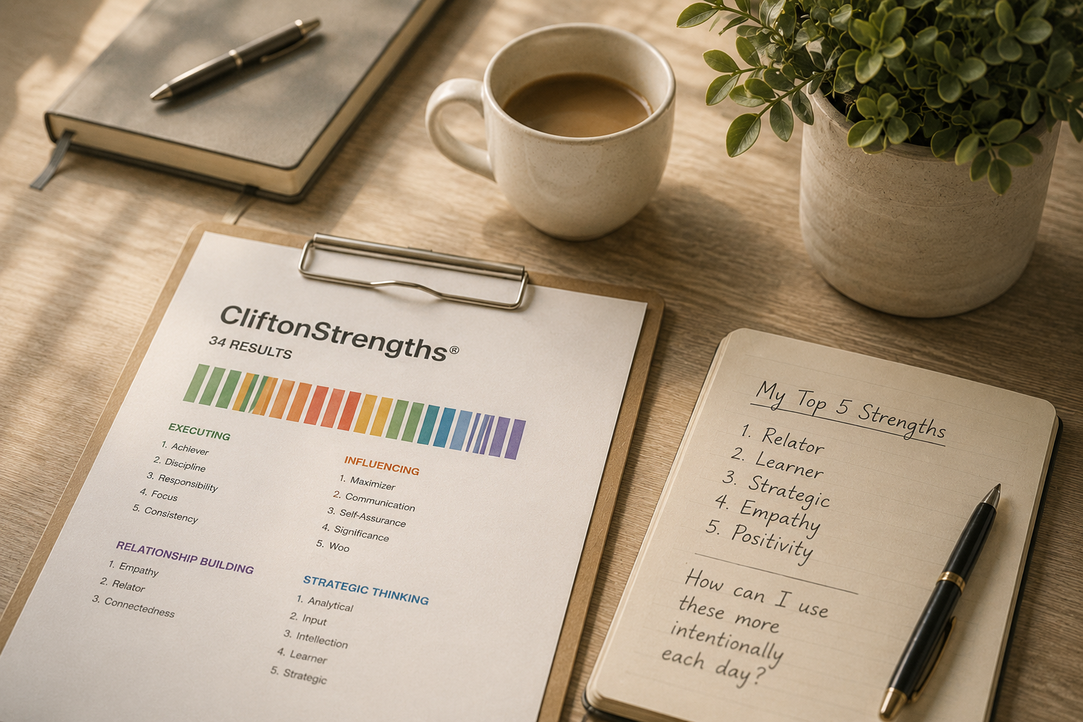 A wooden desk with a clipboard displaying a strengths assessment, a notebook with writing about top strengths, a cup of coffee, a potted plant, and a pen.