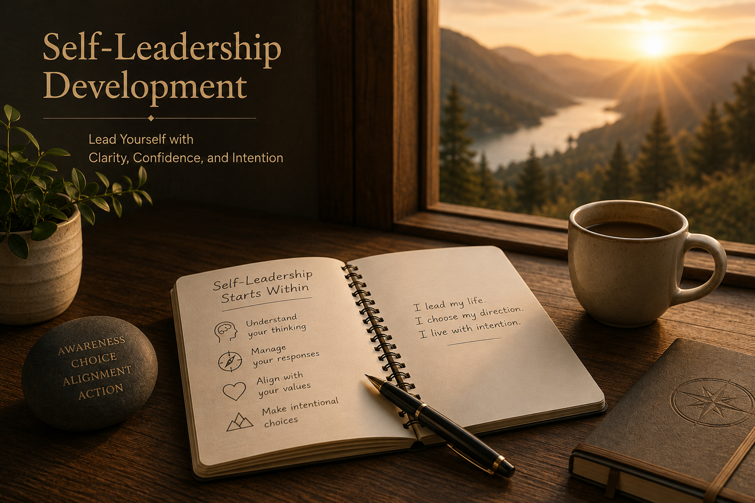 A journal on a wooden table displaying notes about self-leadership, with a pen lying on it, a cup of coffee, a potted plant, a closed book with a compass design, and a window showing a scenic view of a river and mountains at sunset.