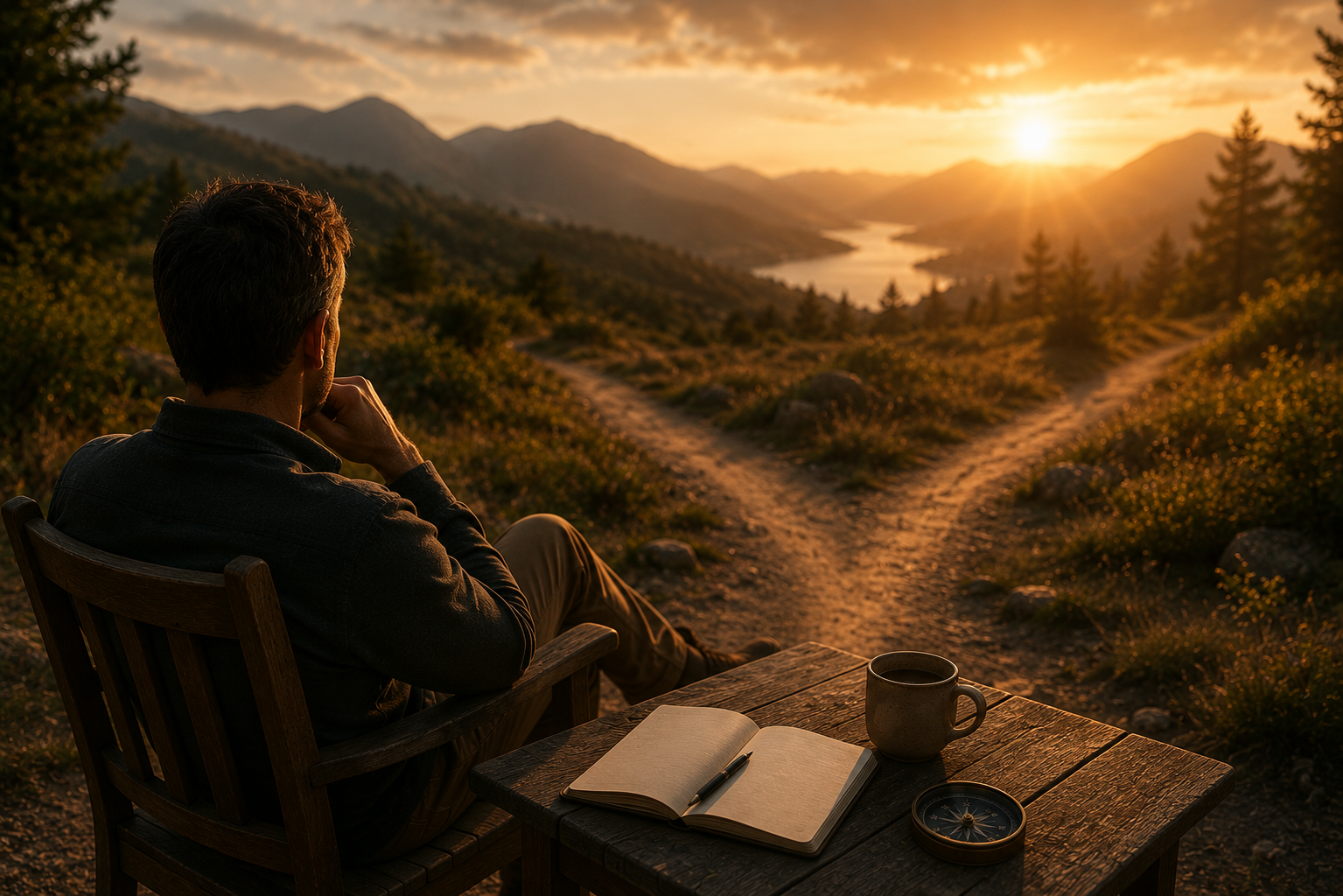 A person sitting on a wooden chair outdoors at sunset, facing a scenic view of mountains, trees, a lake, and a dirt path, with a notebook, pen, mug, and compass on the table in front of them.