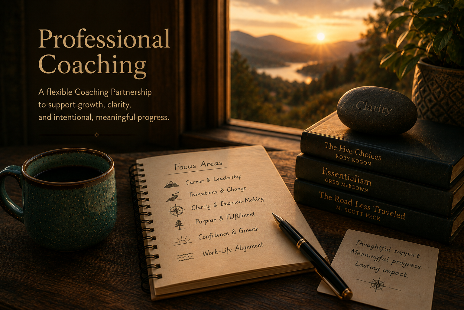 A cozy workspace with a cup of coffee, a notebook titled 'Focus Areas' listing different aspects of coaching, a pen, a stack of books on coaching and clarity, a stone labeled 'Clarity,' and a potted plant near a window with a scenic sunset view.