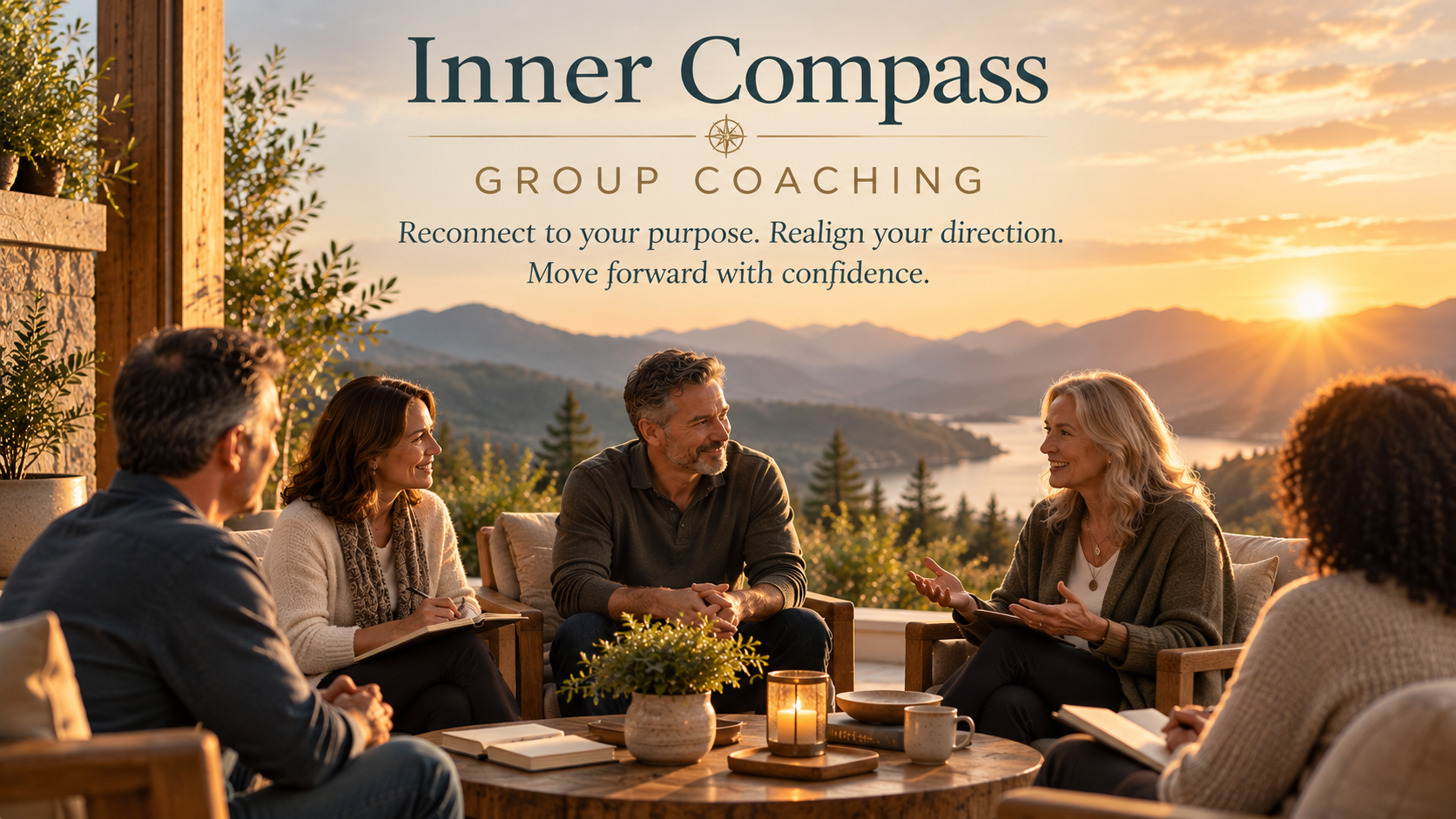 Group of five adults engaging in outdoor discussion during sunset, with mountains and a lake in the background, promoting Inner Compass group coaching.
