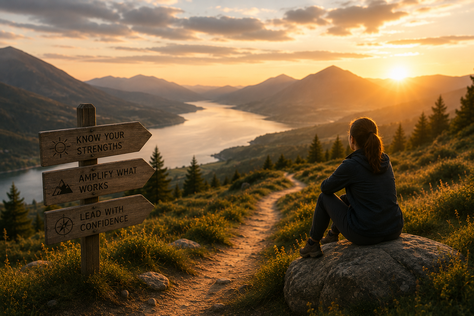 A woman sitting on a rock on a mountain trail, overlooking a river at sunset with mountains and trees in the background, with a wooden signpost reading 'Know Your Strengths,' 'Amplify What Works,' and 'Lead With Confidence.'