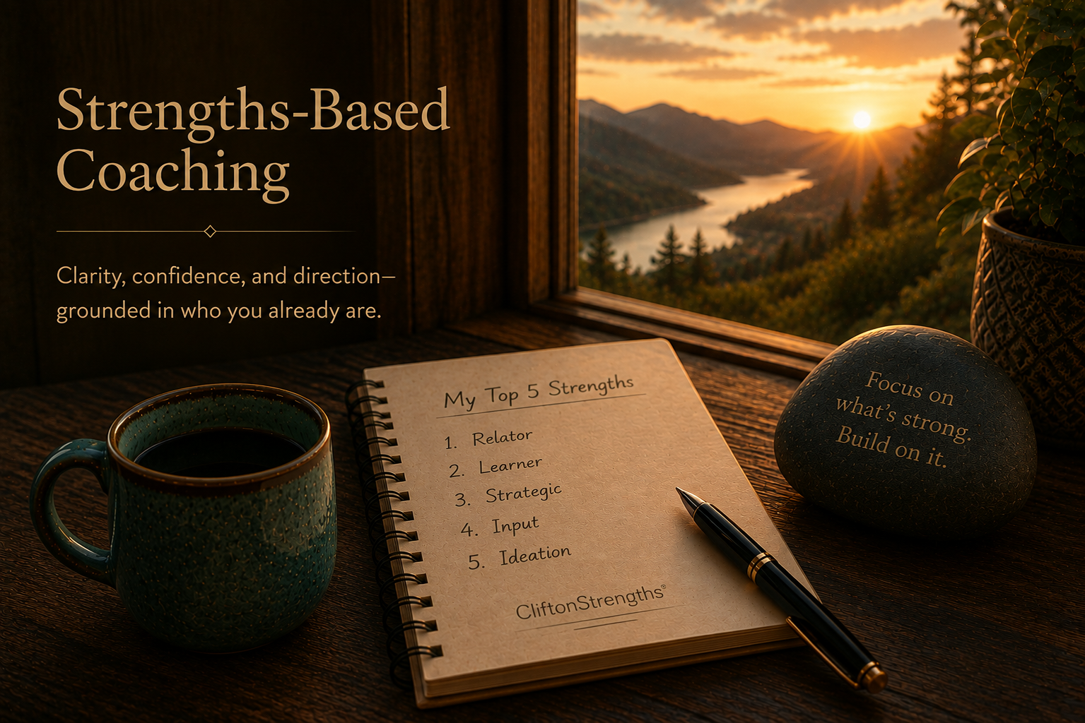 A scene of a wooden desk by a window overlooking a mountain landscape at sunrise. On the desk, there is a cup of coffee, a notebook with a list titled 'My Top 5 Strengths,' a pen, and a decorative stone with the words 'Focus on what's strong. Build on it.' The overlay text reads 'Strengths-Based Coaching: Clarity, confidence, and direction—grounded in who you already are.'