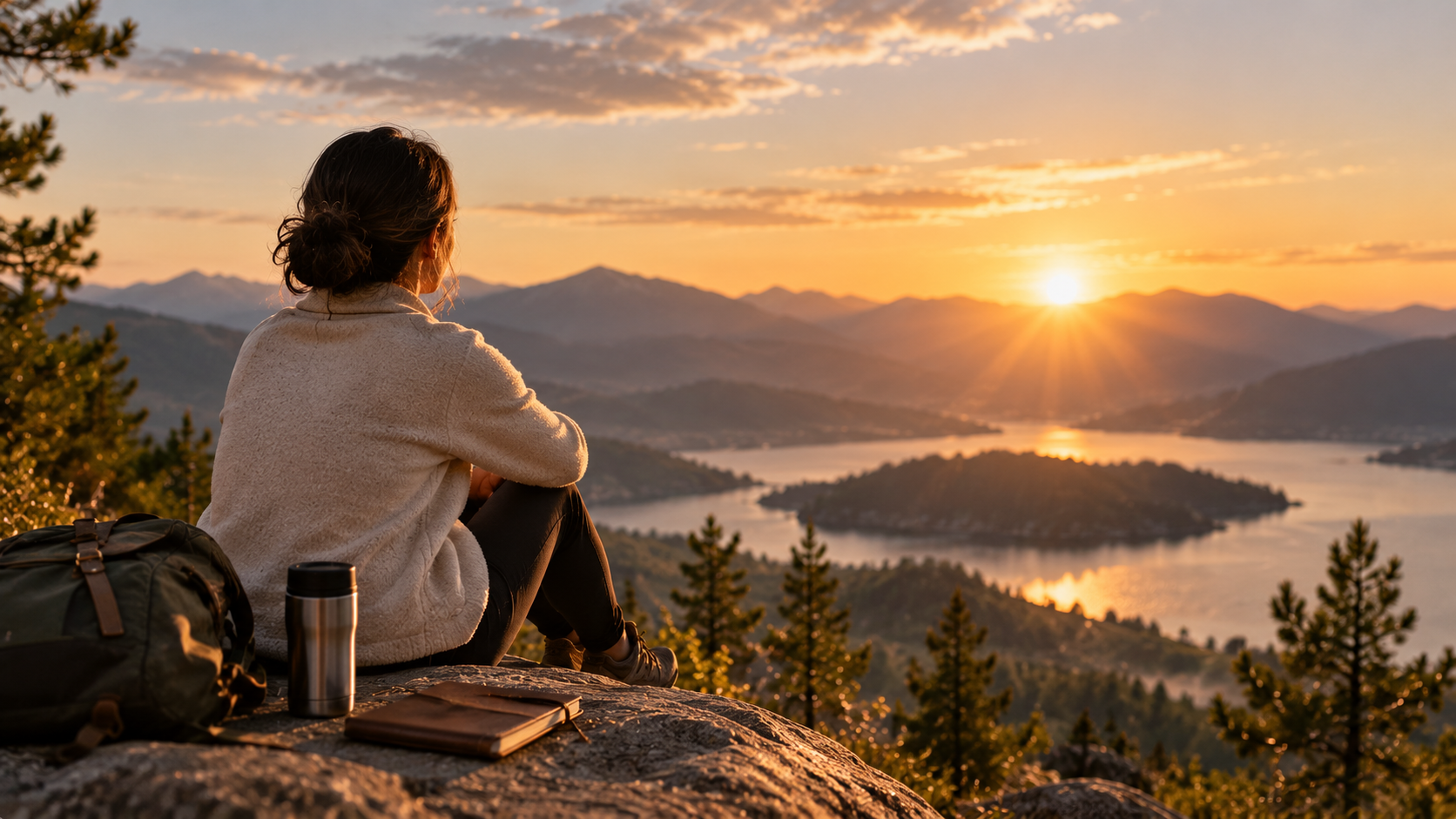 A woman sitting on a rock at sunset, overlooking a lake and mountain range, with a backpack, thermos, and notebook beside her.