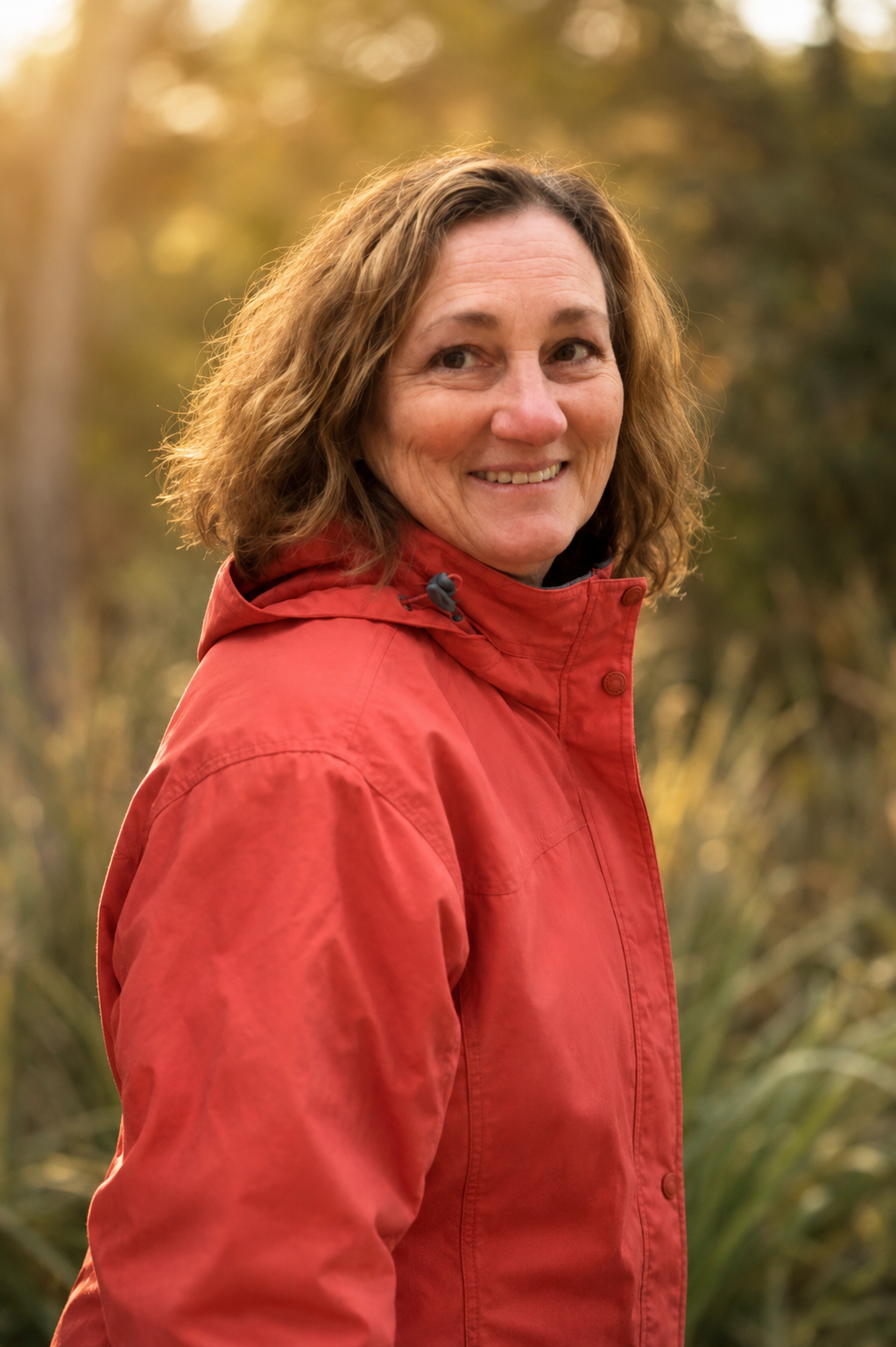 Janet Williams smiles outdoors in a red jacket against softly blurred trees.