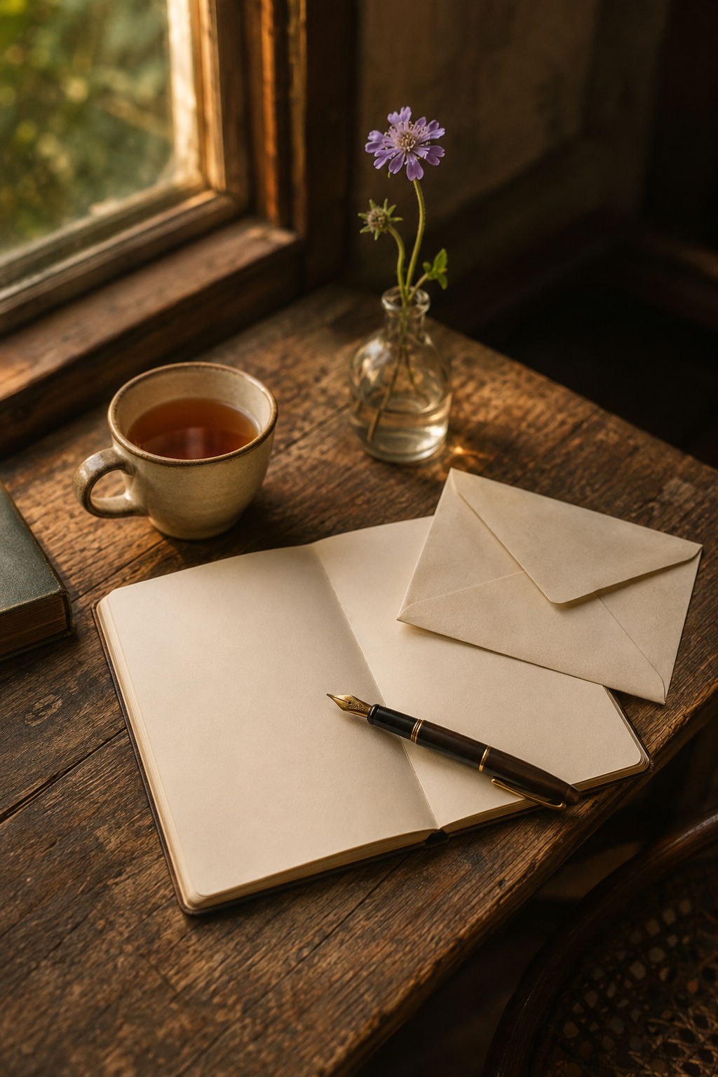 A notebook, fountain pen, cup of tea, purple flower, and envelopes rest on a wooden desk beside a window.