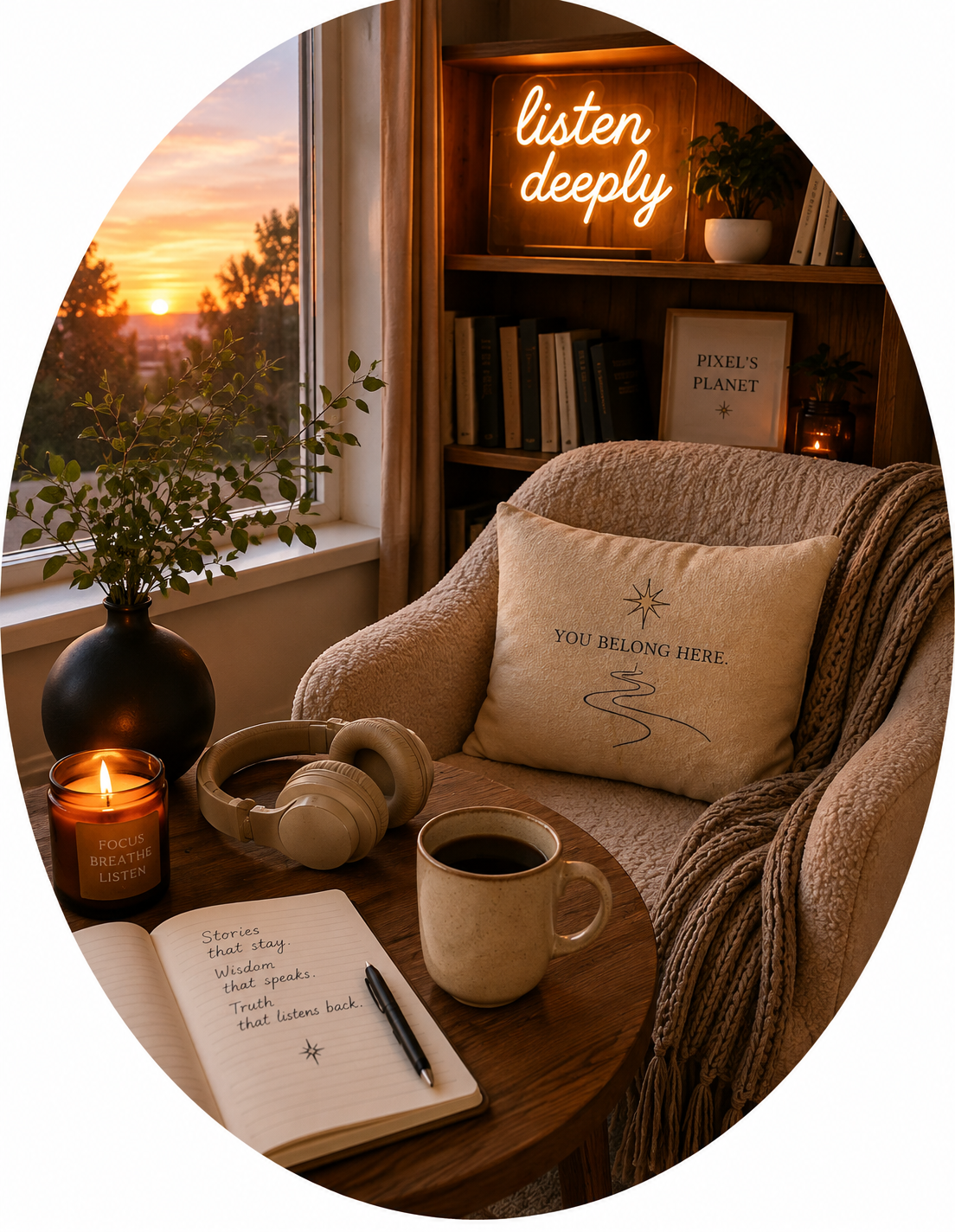 A cozy reading chair beside a sunset window, with headphones, coffee, books, and a glowing “listen deeply” sign.
