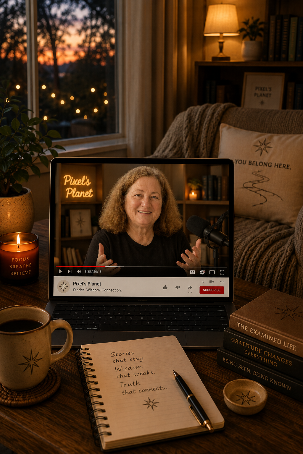 A Pixel’s Planet video plays on a laptop in a warmly lit reading nook with books, a notebook, and coffee.