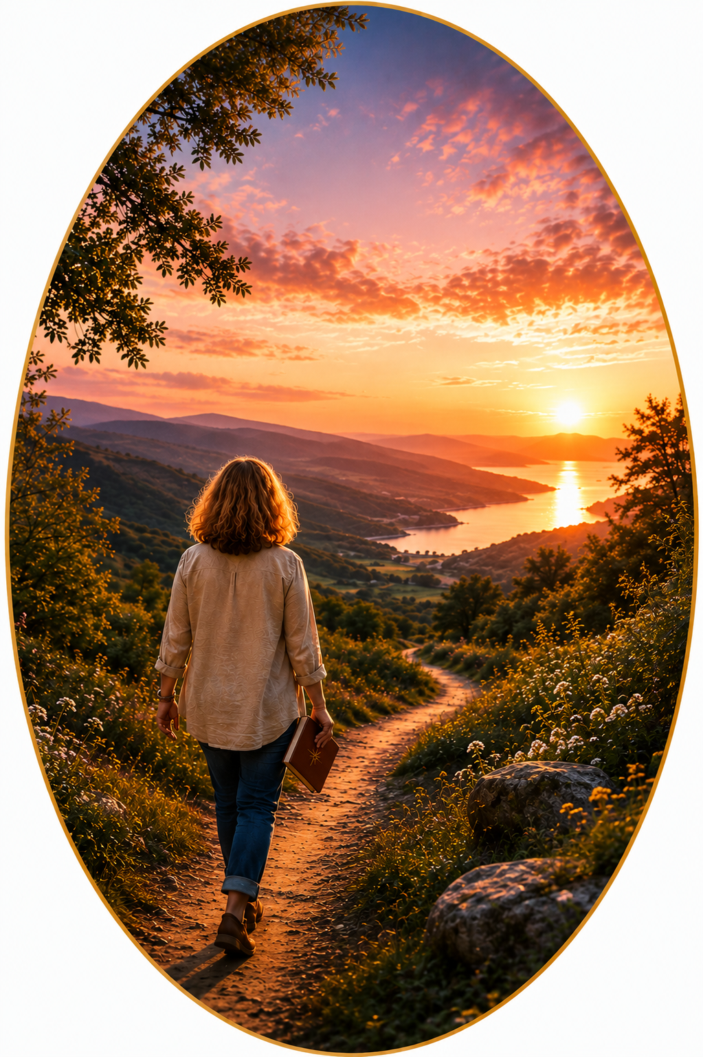 A woman carrying a book walks a mountain trail toward a glowing lake at sunset.