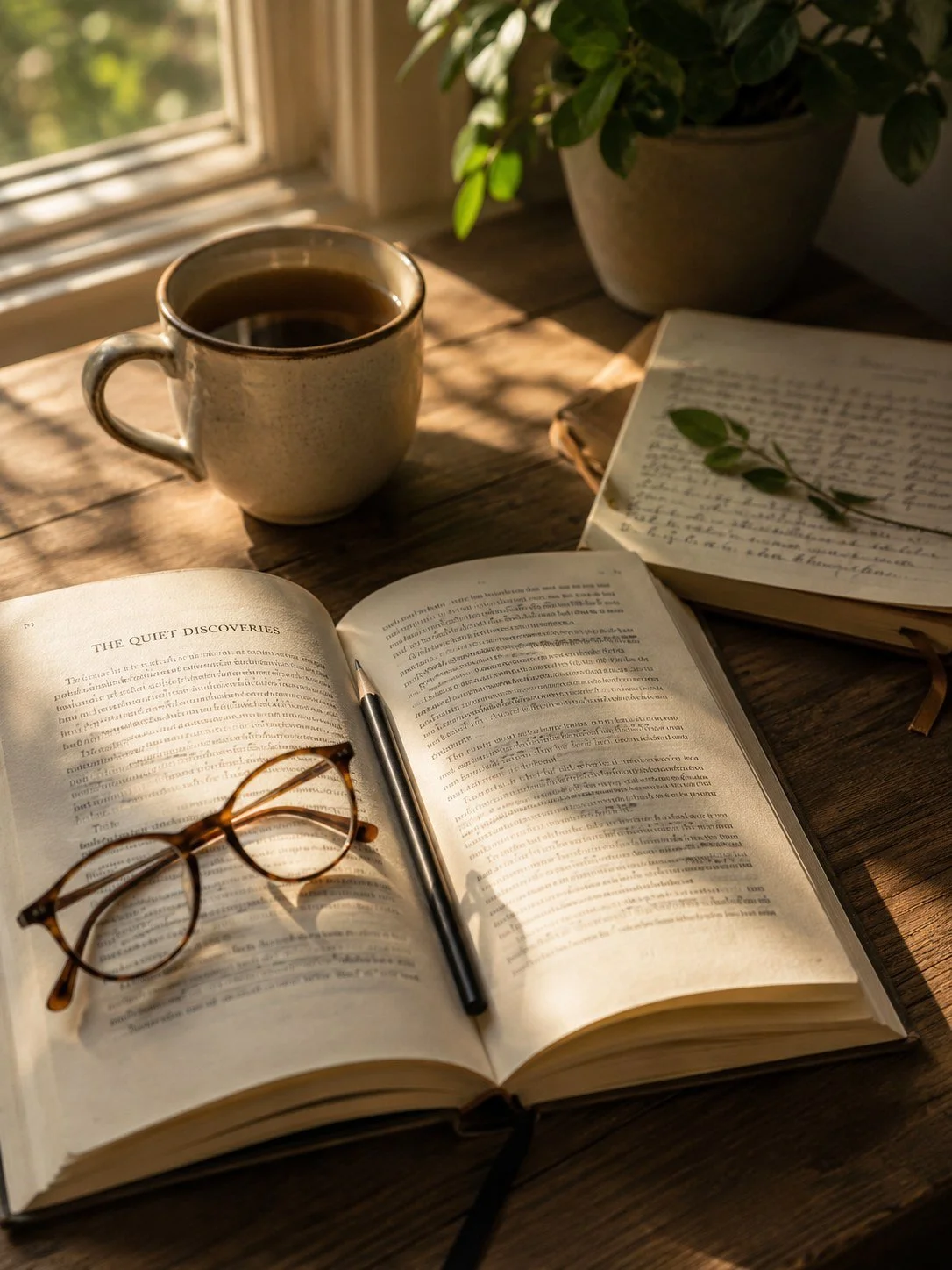 An open book, reading glasses, a pen, and a cup of coffee rest on a sunlit table beside a window.