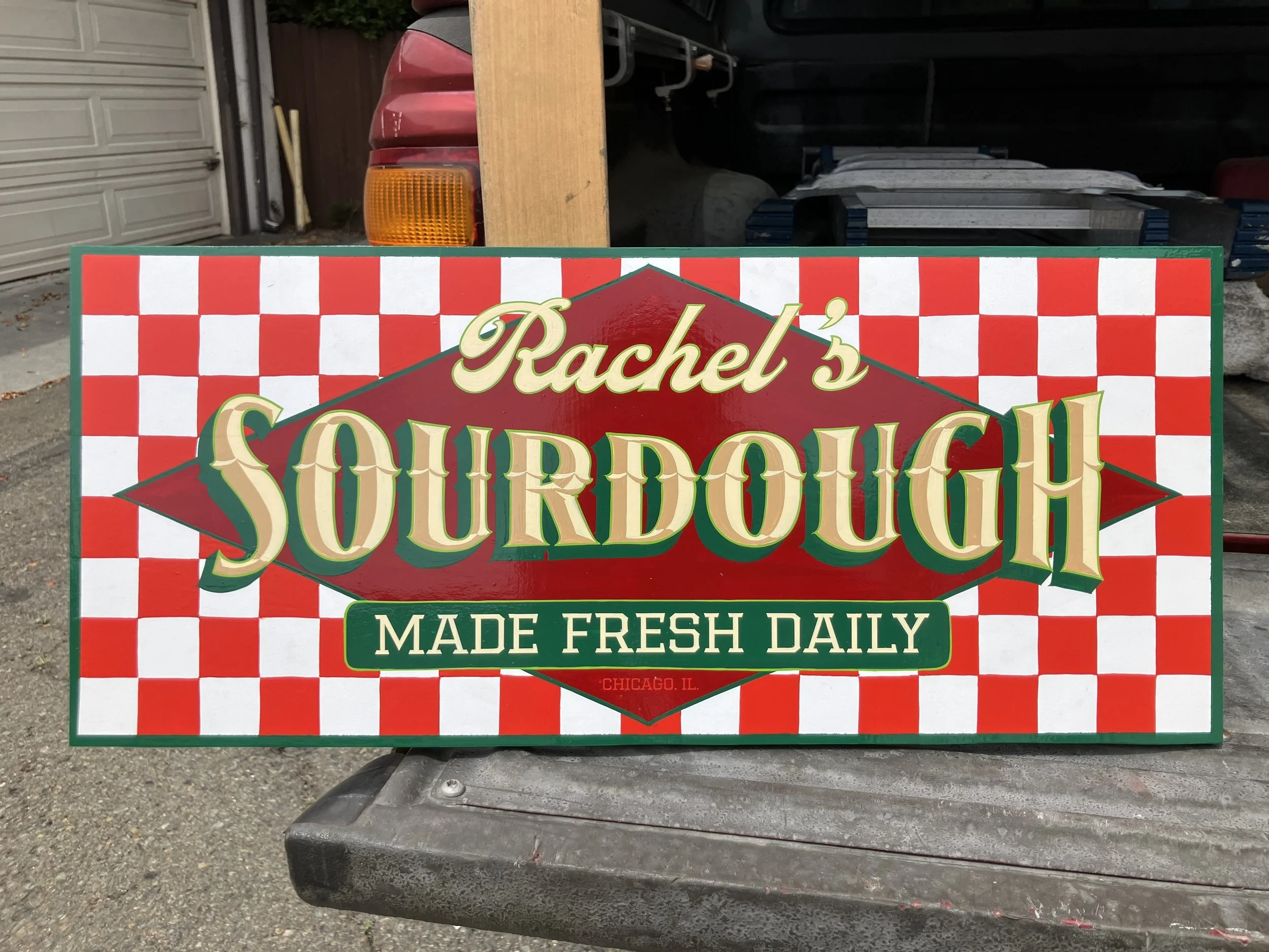 Signboard for Rachel's Sandwich, made with fresh daily ingredients, located in Chicago, Illinois.