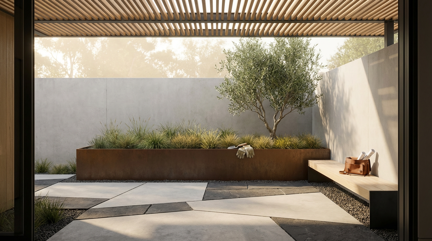 Minimalist outdoor patio with a built-in wooden bench, a rust-colored planter box with greenery, a small tree, and some gardening gloves and tools on the planter.