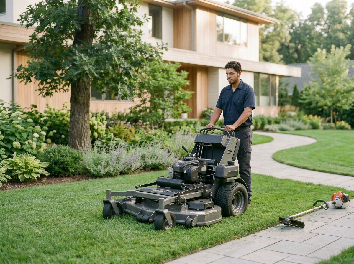 Man operating a riding lawn mower on a neatly manicured lawn in a residential neighborhood.