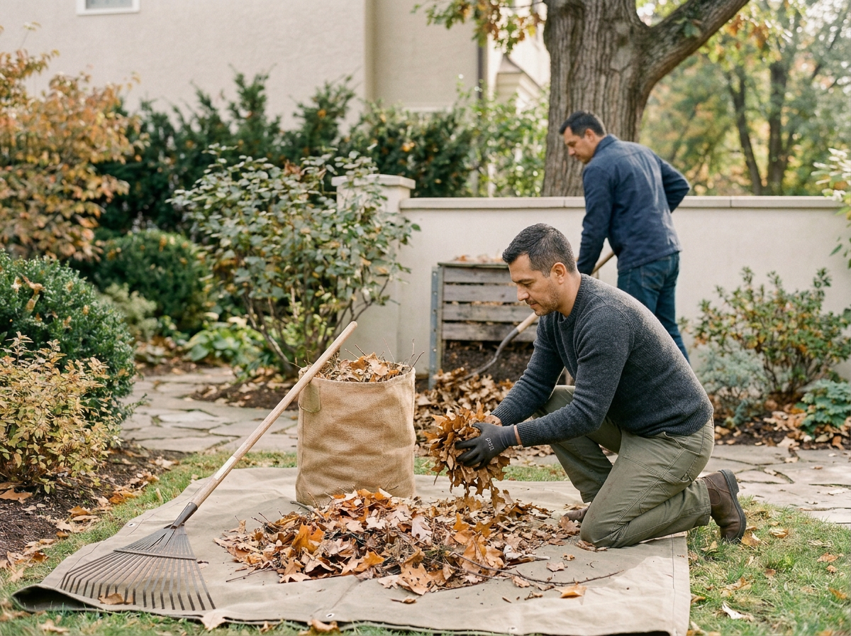 Two men raking and collecting fallen leaves in a backyard garden during autumn.
