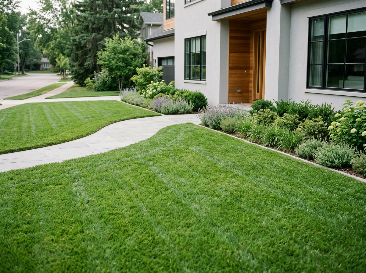 Well-maintained front yard with lush green grass, a paved walkway, and neatly arranged shrubs and plants in front of a modern house.