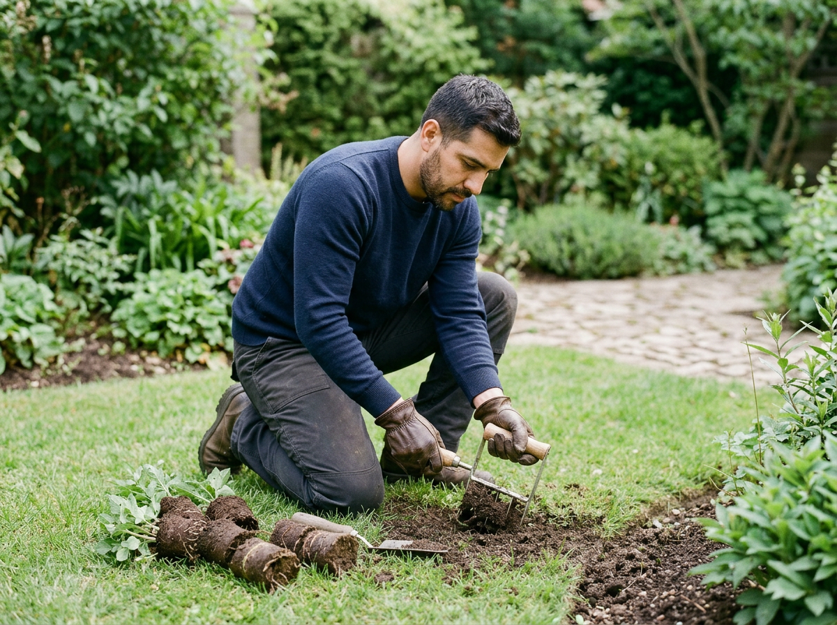 A man kneeling on the grass in a garden, planting a small shrub or seedling, with gardening tools nearby.