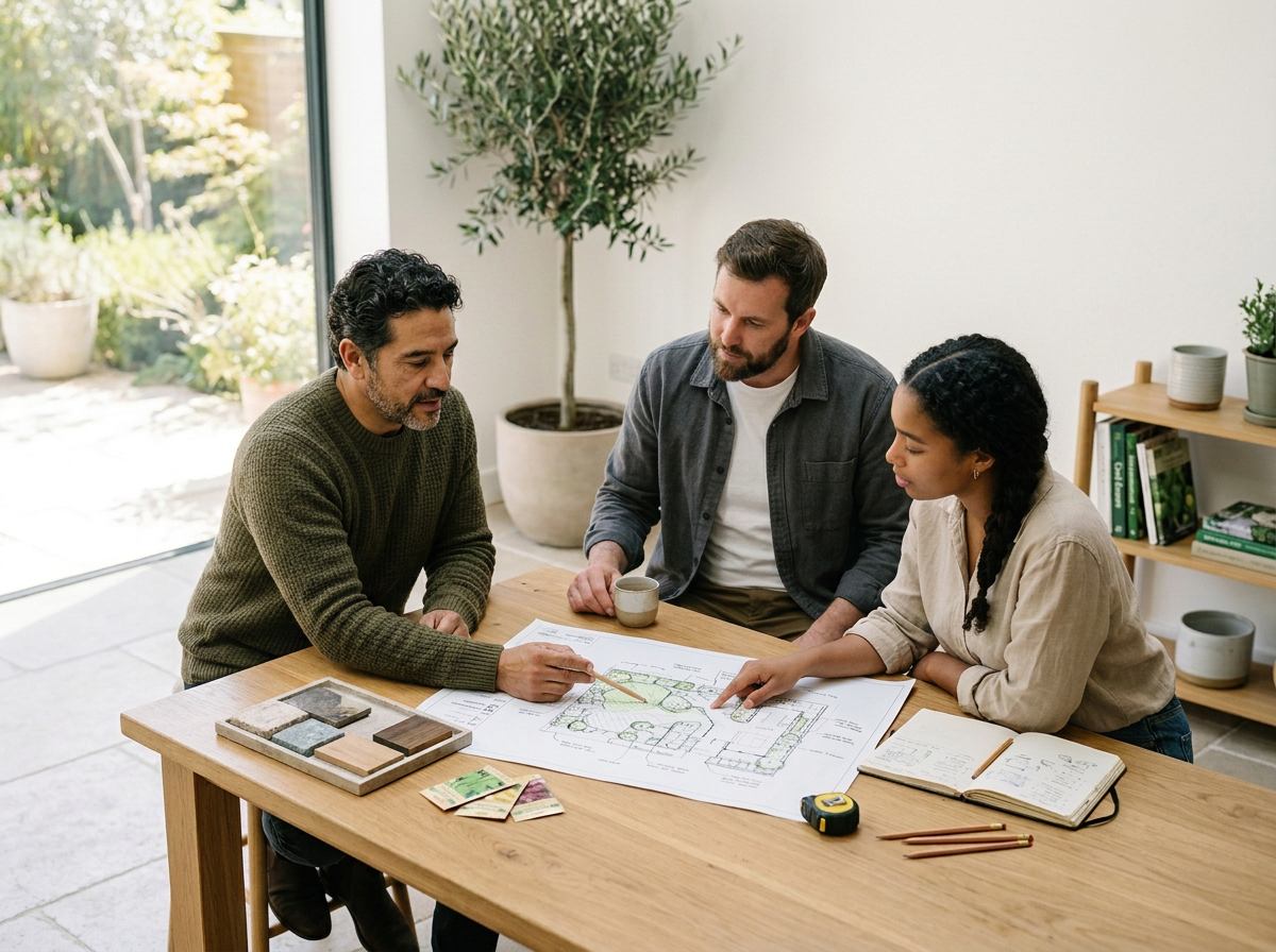 Three people reviewing an orange blueprint of a landscape or garden design at a wooden table with design samples, a notebook, and measuring tape, in a room with large window and indoor plants.