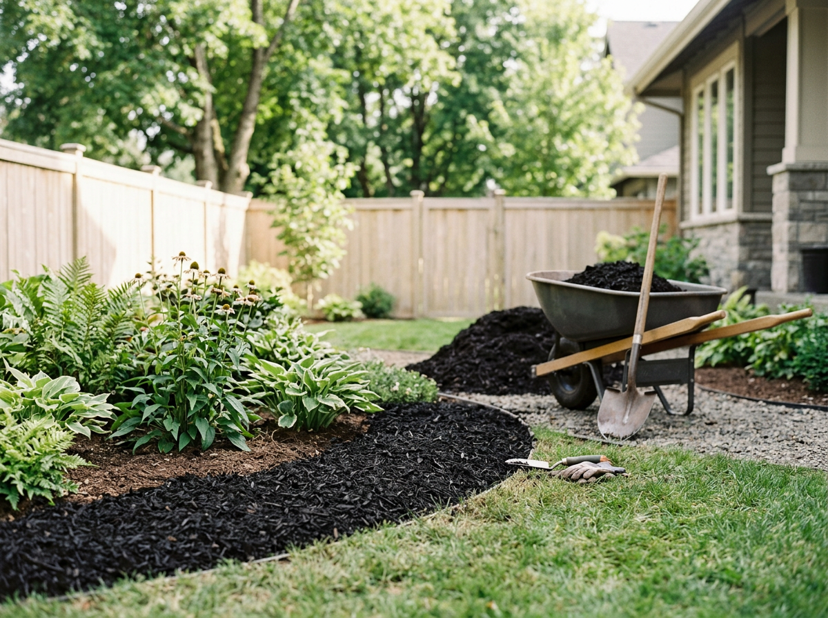In a backyard garden, black mulch is being spread along a flower bed containing green leafy plants. A wheelbarrow filled with more black mulch, a shovel, and a garden rake are nearby. In the background, there is a wooden fence, trees, and a house with grey siding and large windows.