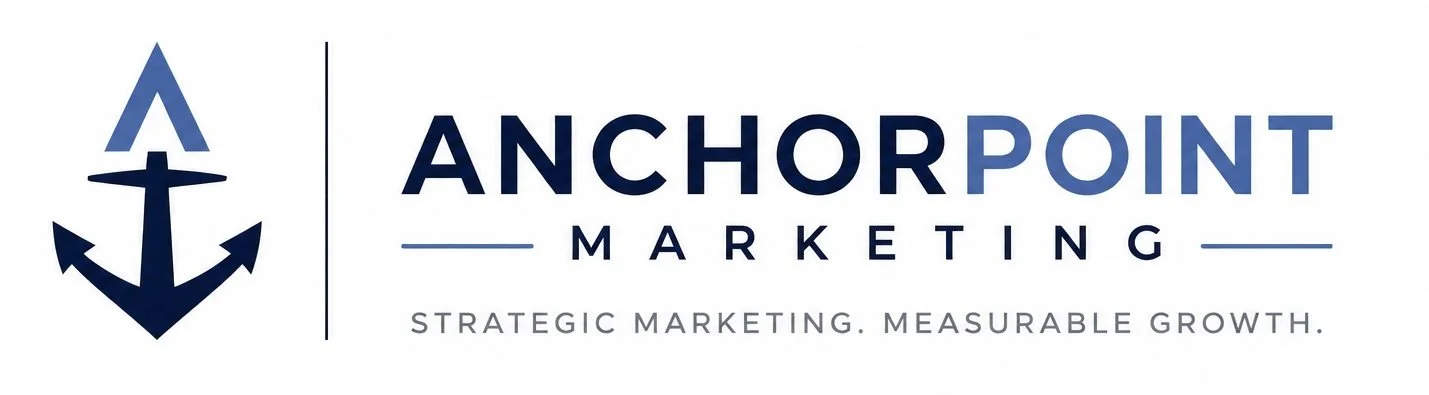 Logo featuring a navy anchor icon with a horizontal line through the middle, followed by the text "ANCHORPOINT MARKETING" in bold, with a tagline "STRATEGIC MARKETING. MEASURABLE GROWTH." underneath.