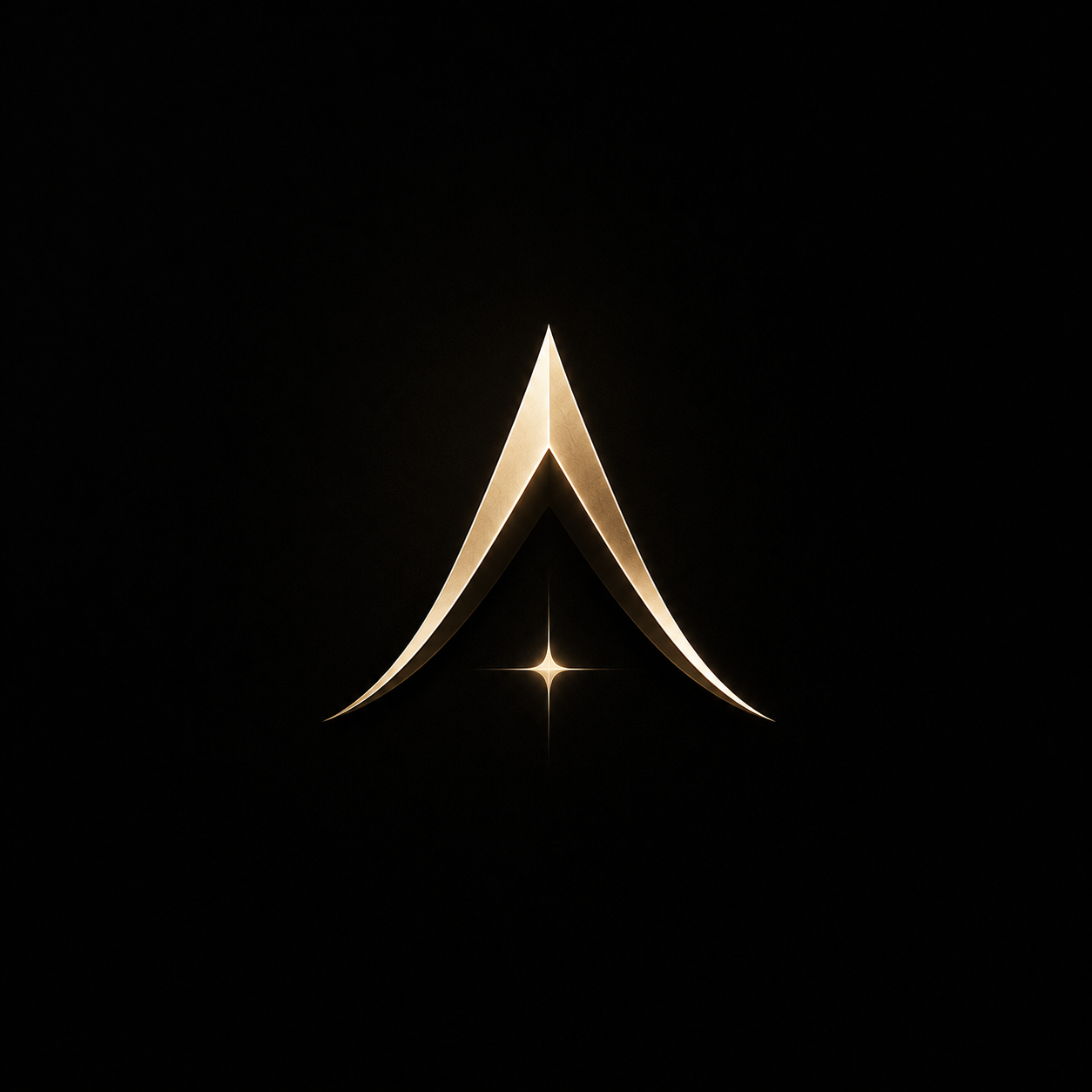 A metallic, gold-colored emblem shaped like an arrowhead pointing upward with a bright star beneath it, set against a black background.