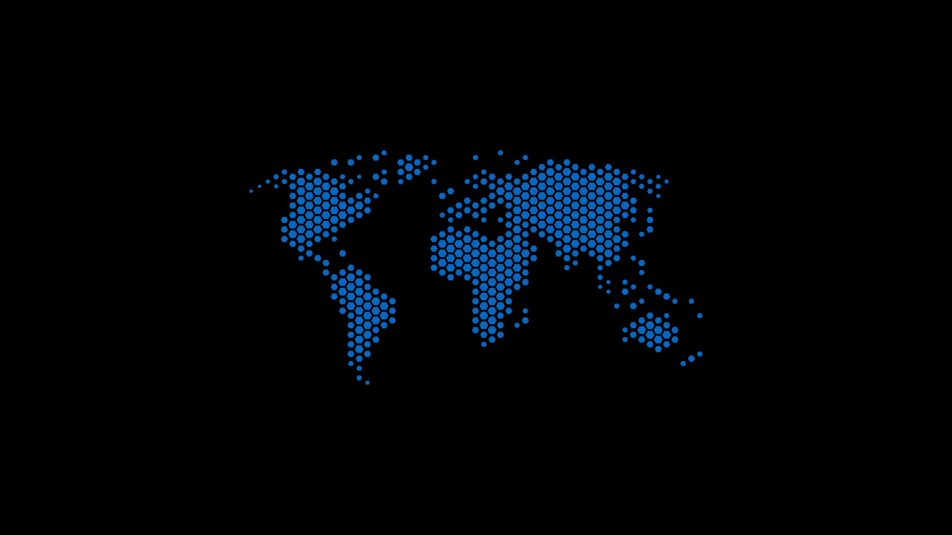 Digital polygonal map of the world with continents in blue on a black background.