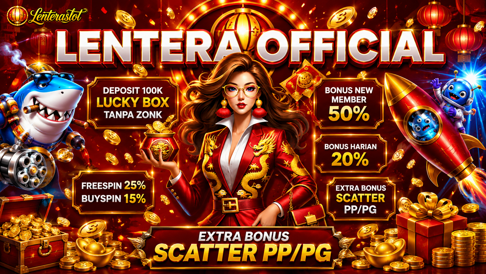 A colorful casino-themed promotional image with a woman in a red jacket and dragons, cartoon sharks with guns, rockets, and gold coins, advertising bonuses for an online gaming platform.