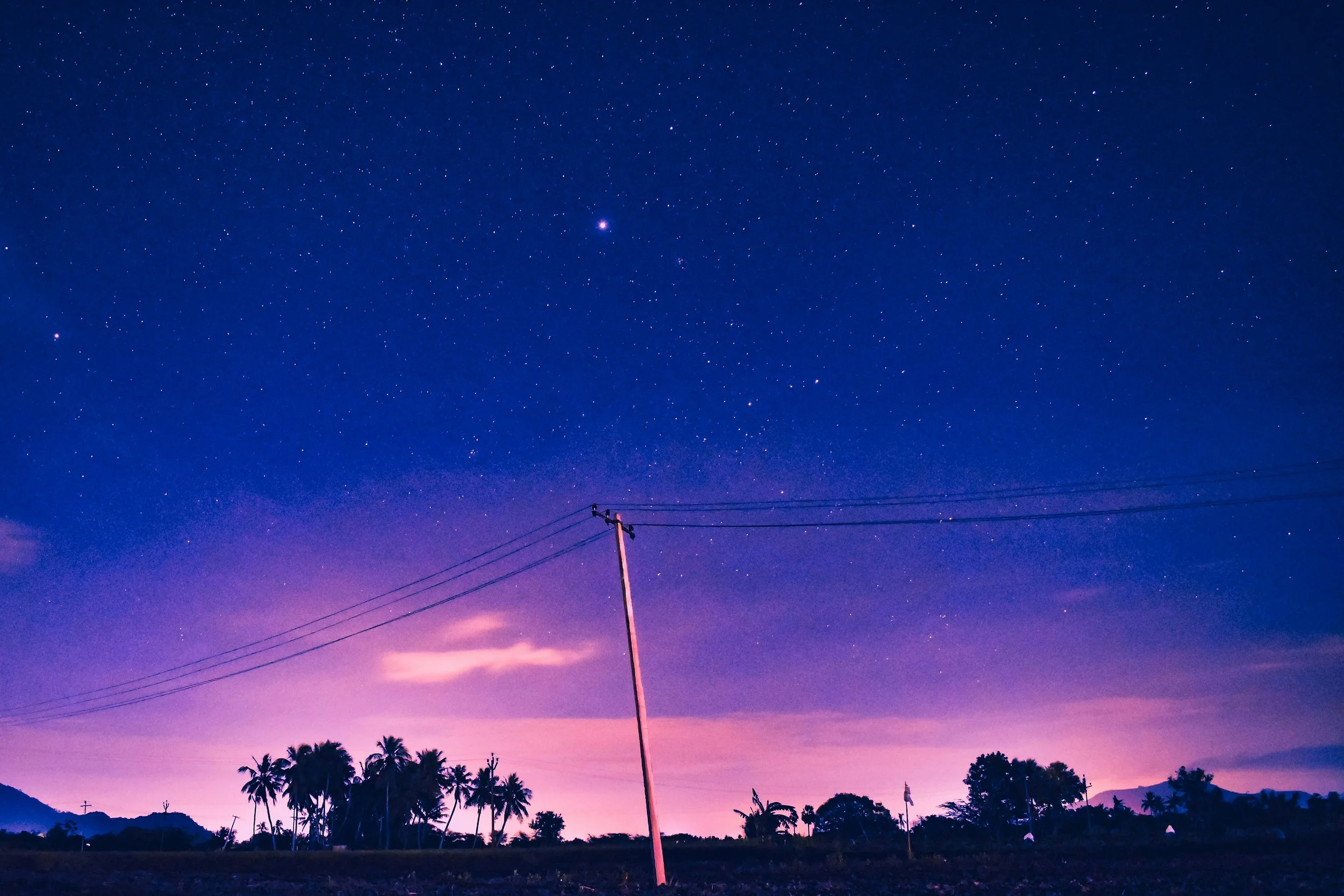Night sky filled with stars, with a faint pink and purple hue near the horizon. Silhouettes of palm trees and a utility pole with power lines are visible at the bottom.