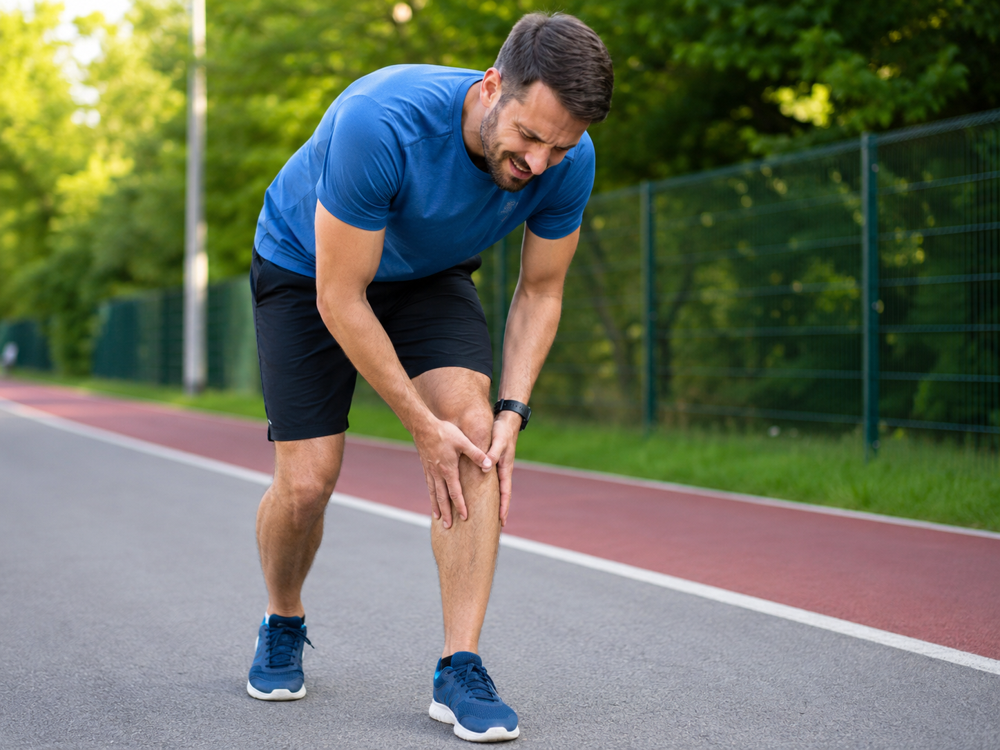Man wearing a blue T-shirt and black shorts holding his injured leg while standing on a running track.