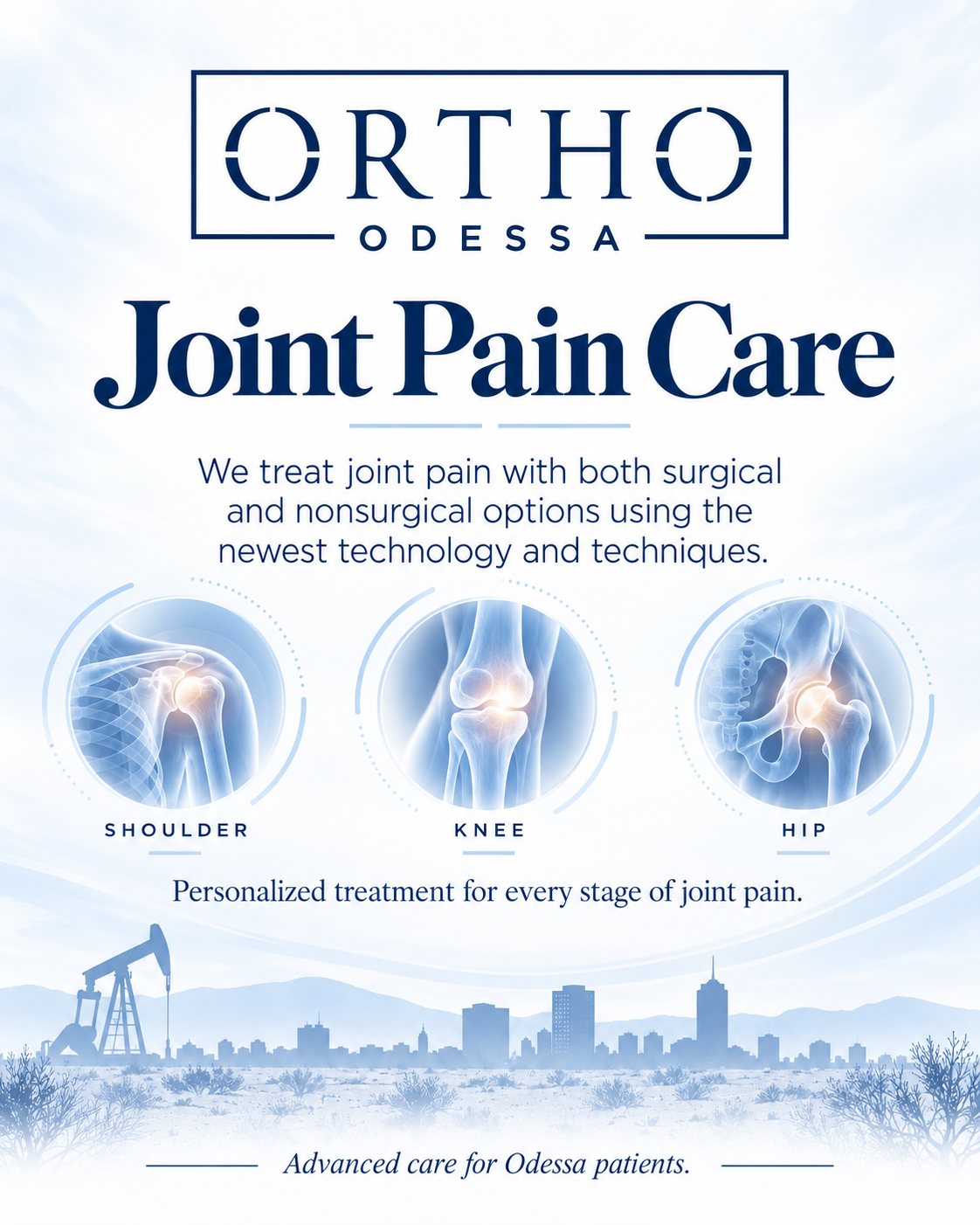 Advertisement for ORTHO ODESSA Joint Pain Care featuring treatments for shoulder, knee, and hip joint pain with medical illustrations of joints, a cityscape, and an oil rig.