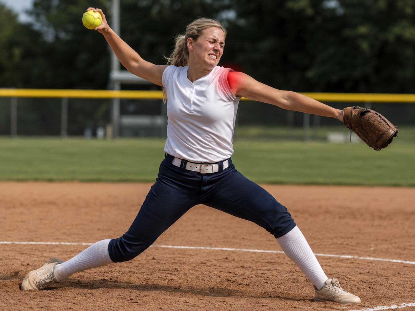 A female softball player in a white jersey and dark pants throws a yellow softball on a baseball field. She is stretching her arm back with a glove on her left hand, her face showing effort, and her right arm extended forward. She is standing in a wide stance with her left foot forward and right foot back.