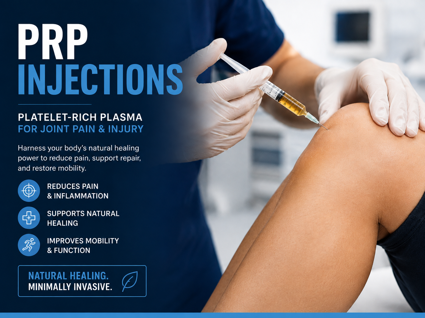 A healthcare professional administers a PRP injection into a patient's knee, with text highlighting the benefits of platelet-rich plasma for joint pain and injury relief, supporting natural healing and restoring mobility.