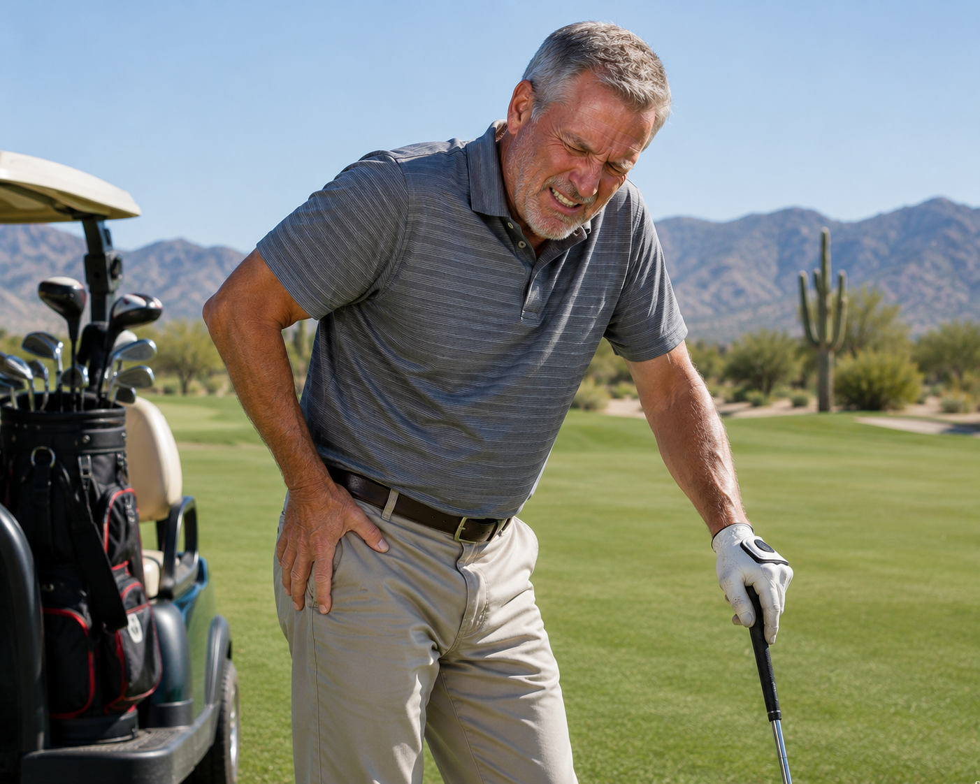 A man in golf attire, grimacing in pain while holding his back on a golf course with mountains in the background.