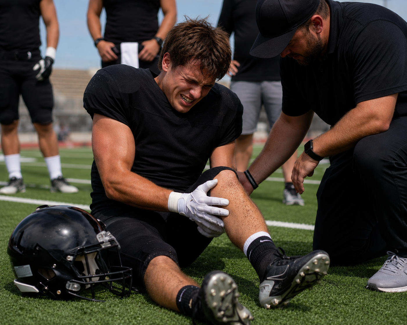 A football player experiencing pain in his knee during a game, with a trainer attending to him on the field.