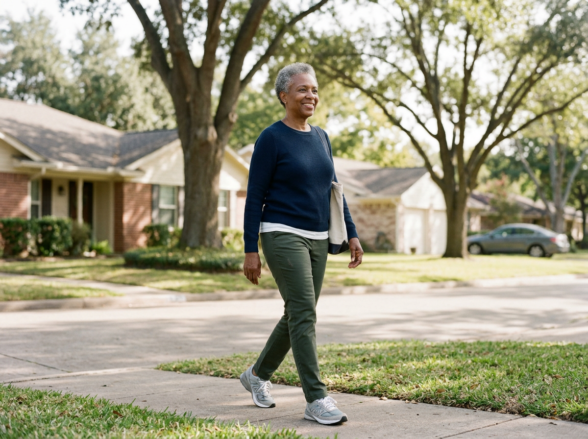 An older woman with gray hair walking on a suburban sidewalk on a sunny day, smiling, with houses, trees, and cars in the background.