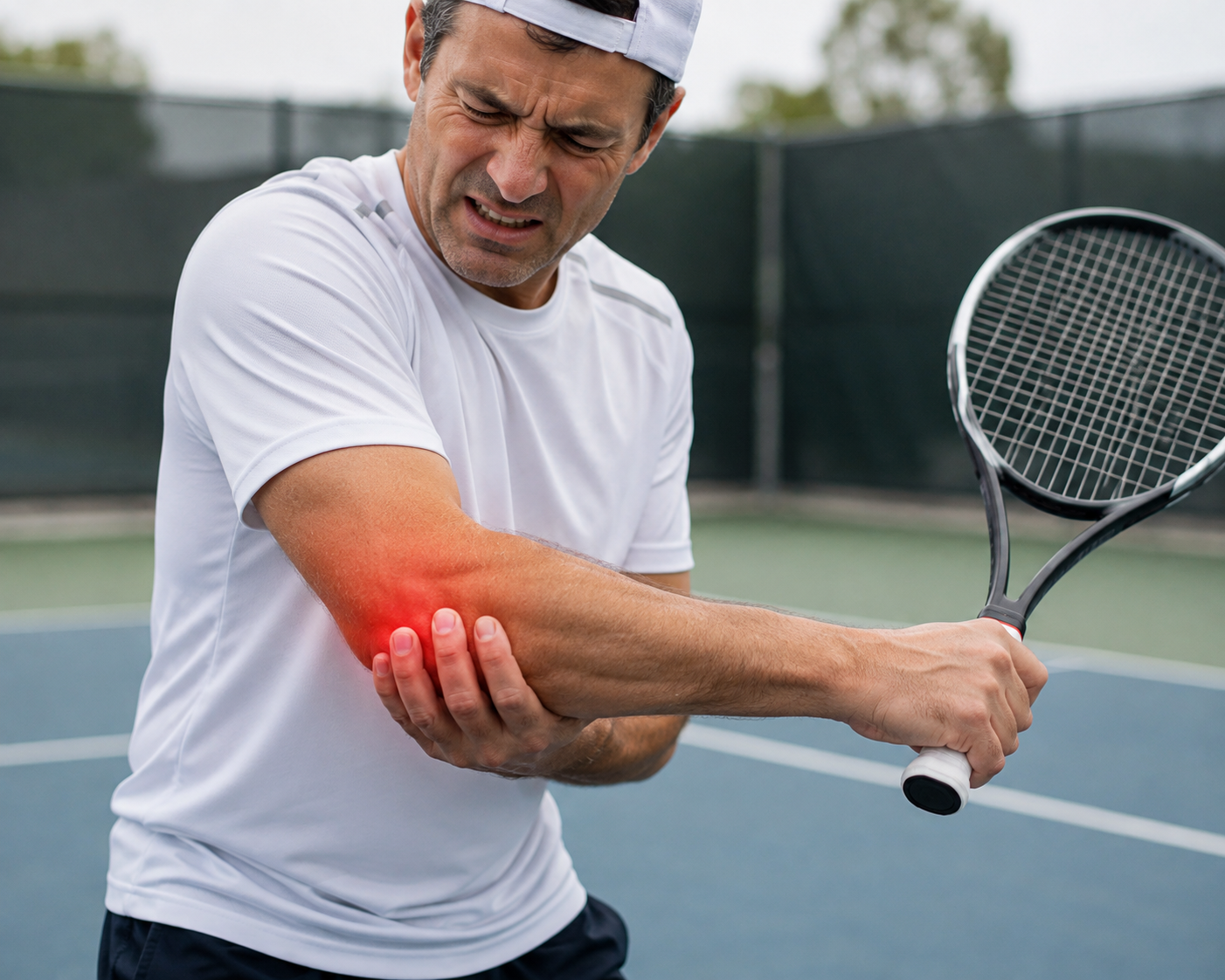 A man in a white shirt and cap on a tennis court, holding his injured arm with a pained expression, the arm area is highlighted in red indicating pain.