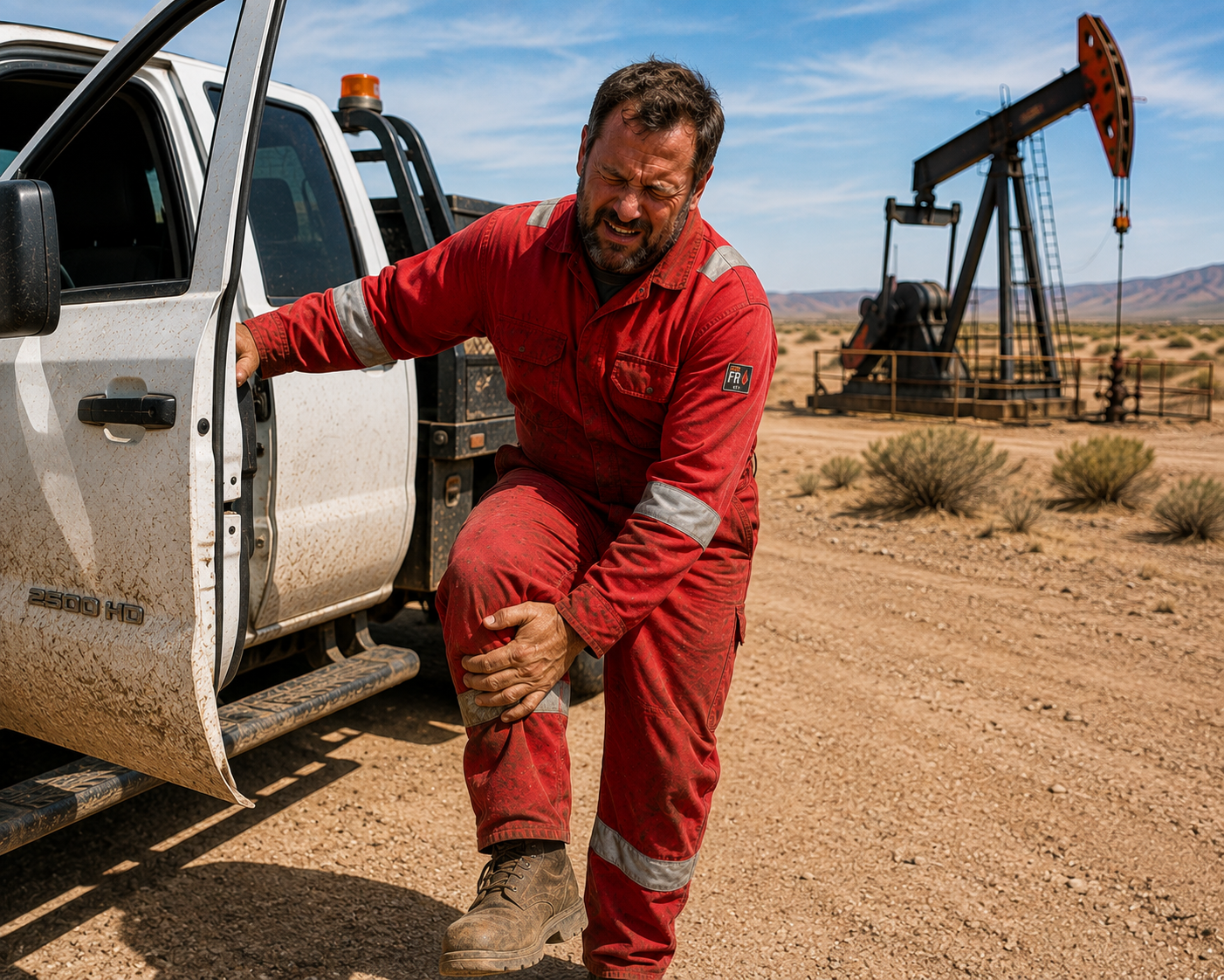 A man in a red work suit is clutching his knee, standing next to a muddy pickup truck in a desert with oil pump jacks in the background.
