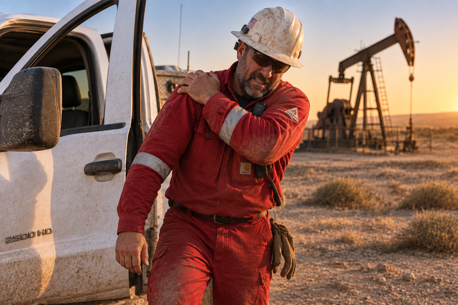A man in red work coveralls and a white safety helmet is holding his shoulder in pain, standing next to a white pickup truck in an arid landscape with oil drilling rigs in the background at sunset.