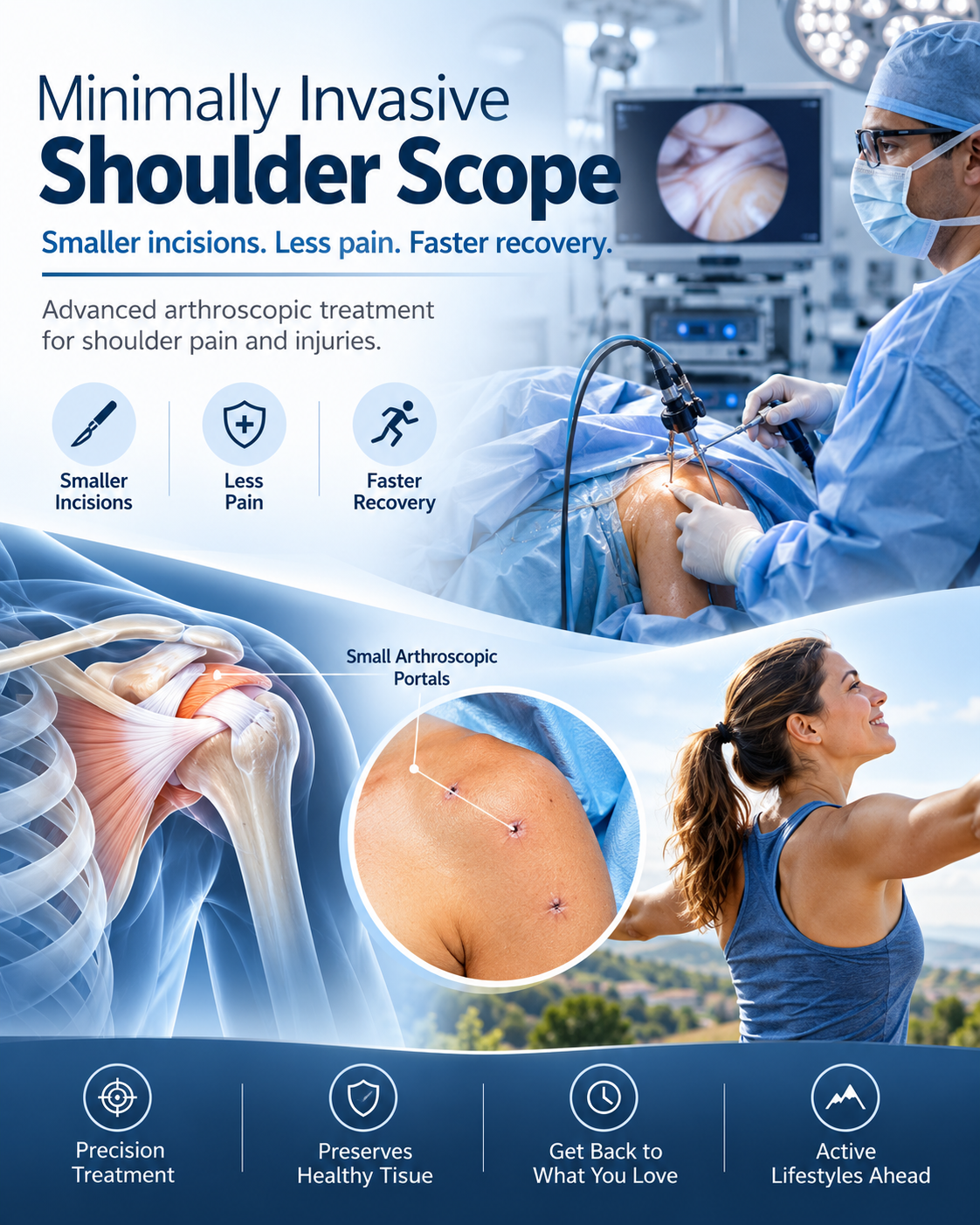 A medical professional performing a minimally invasive shoulder scope surgery in an operating room, with a screen showing the internal view and a smiling woman outdoors, post-recovery, in a blue athletic top.