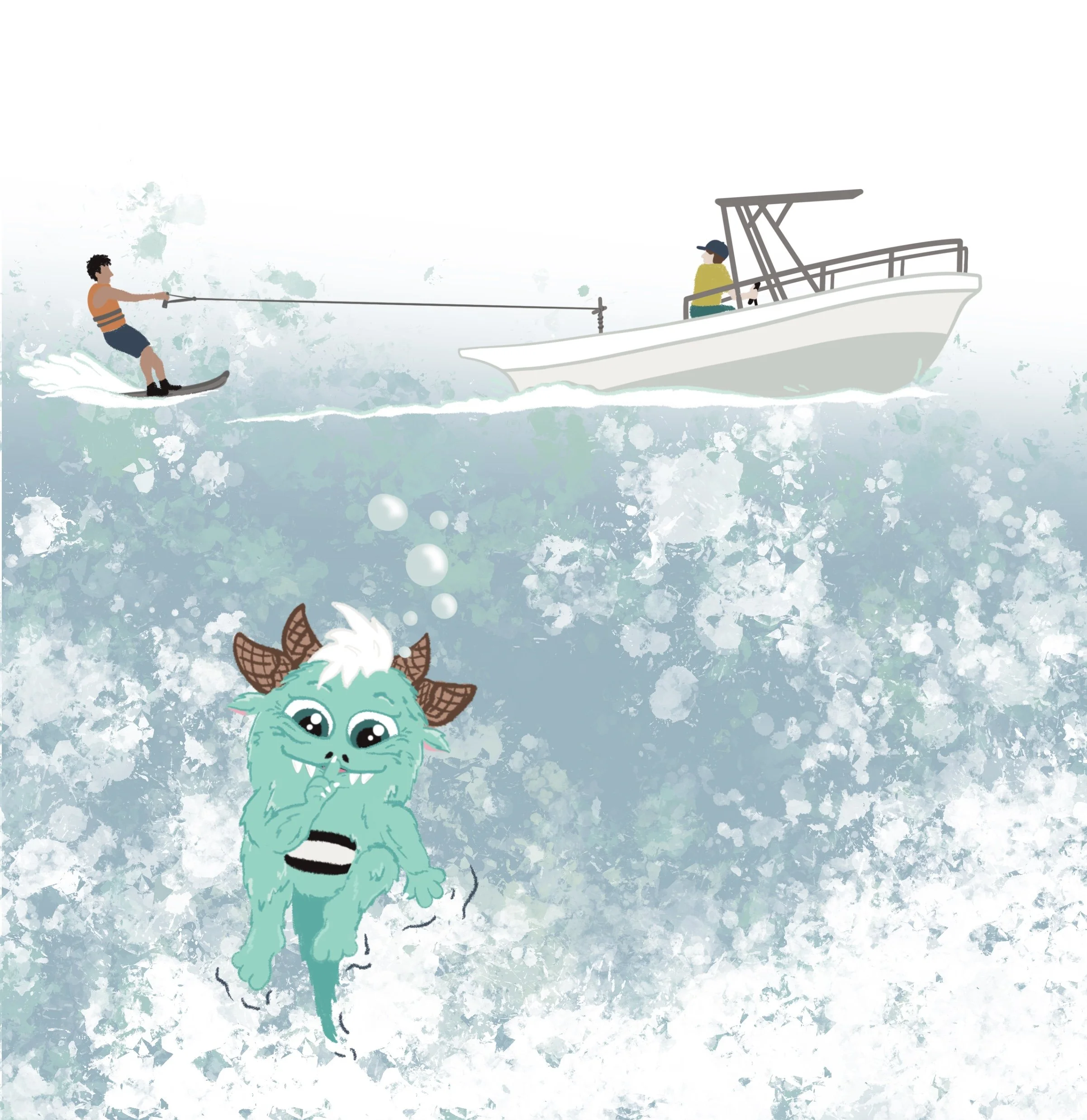 A playful illustration of a boy waterskiing while holding a rope attached to a boat with a female captain, set against a light, textured background with a cartoonish dragon or monster character at the bottom.