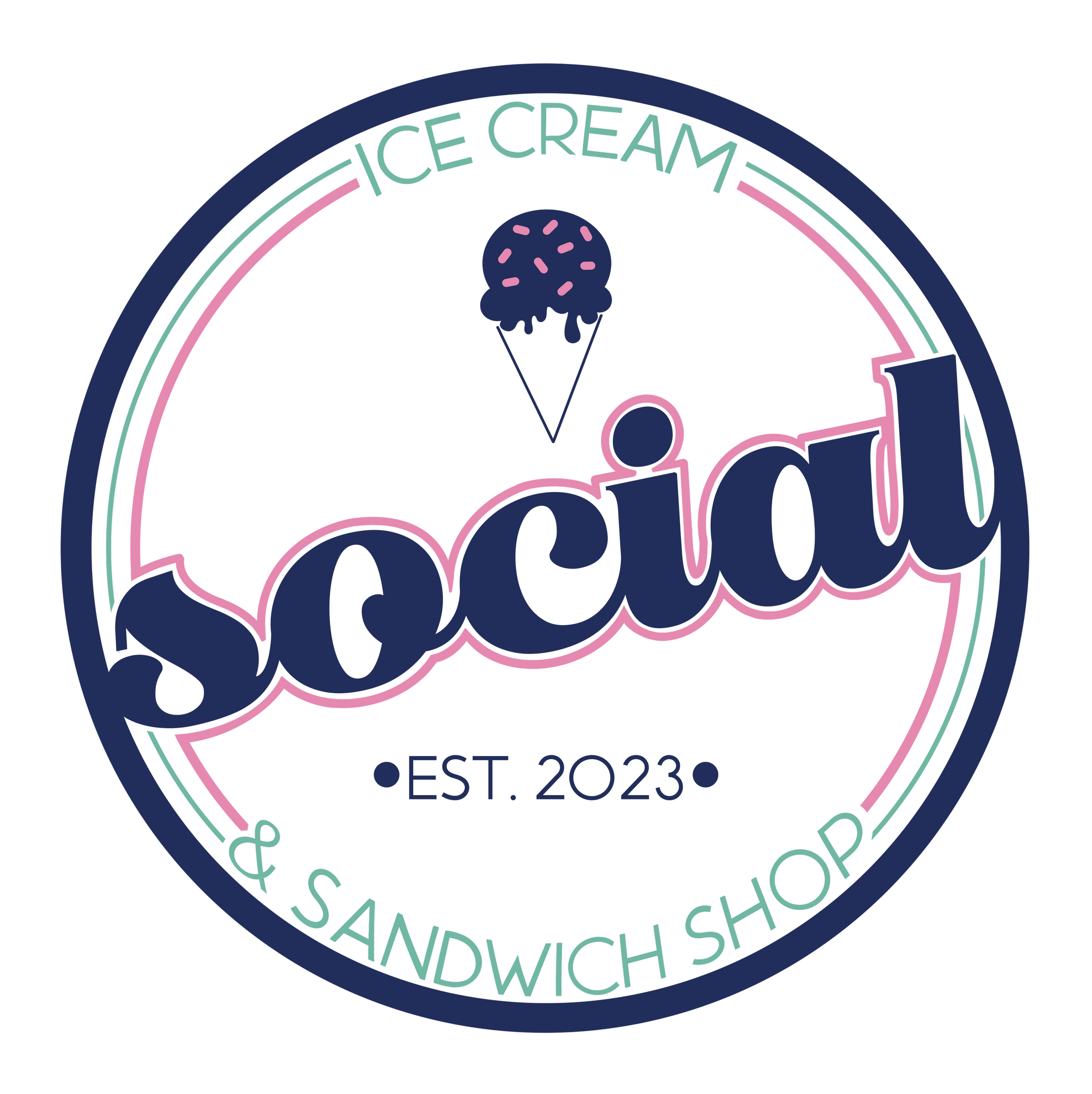 Neon sign with a skull and ice cream cone, text reading 'Ice Cream' and 'Sandwich Shop,' and the establishment year '2023'.